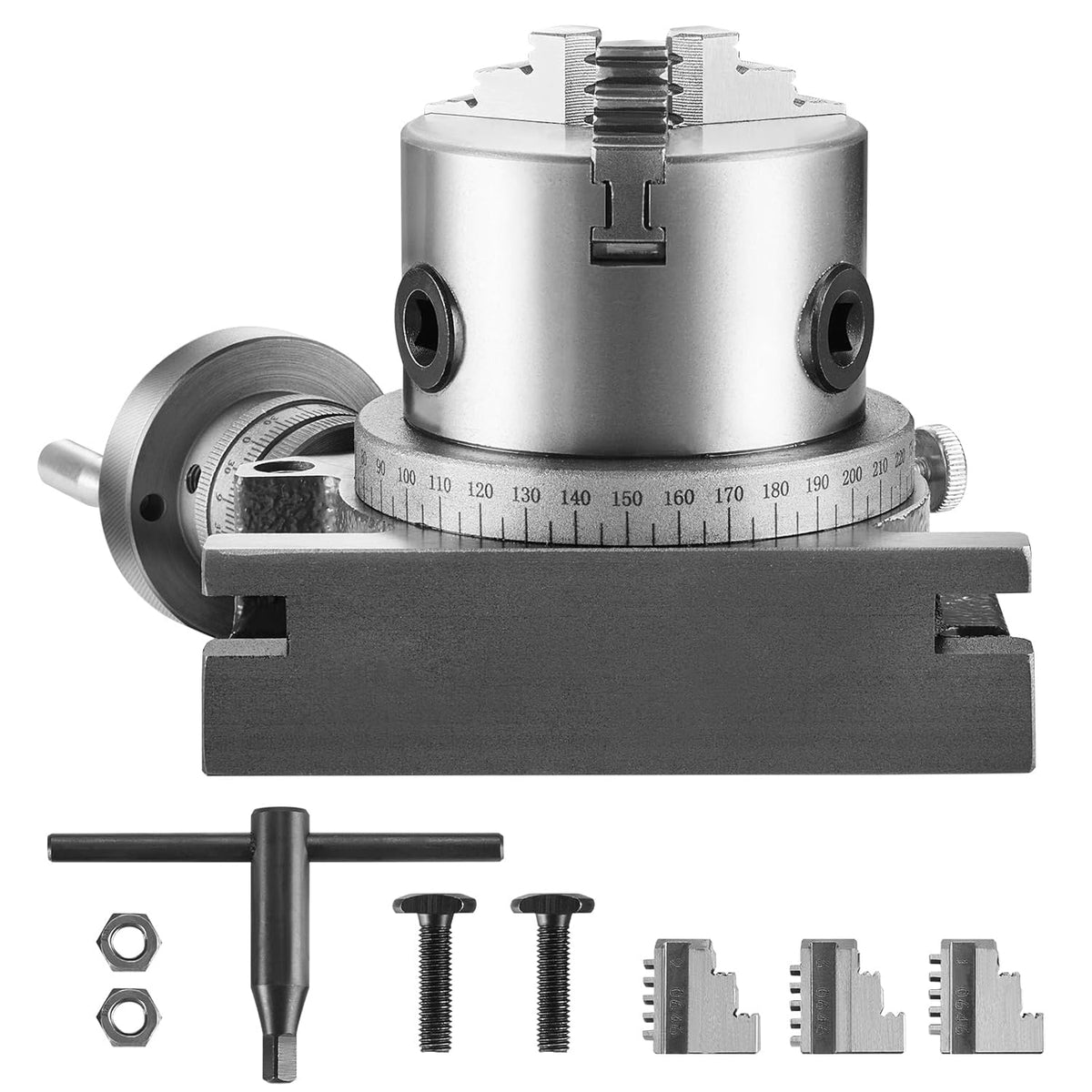 VEVOR Draaitafel voor freesmachines, 4''/ 100 mm, horizontaal verticaal model, precisie-frezen, draaitafel, met 3,1''/80 mm 3-klauwkop M10 T-bouten, voor freestechniek, indexeergereedschap