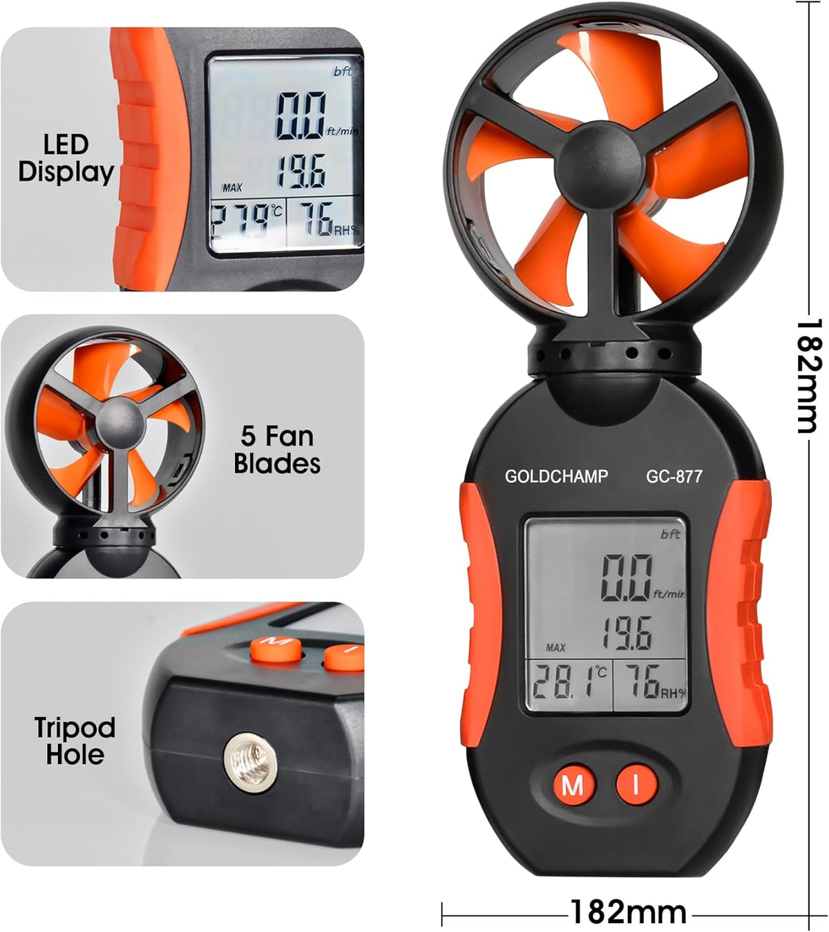 4-in-1 gasdetector voor brandbaar/O2/H2S/CO, geluid/licht/trilalarm en lcd-display, gaslek-detectoren voor huis + hand-anemometer, 5 eenheden & ℃/°F schakelaar, windsnelheidsmeter voor HVAC