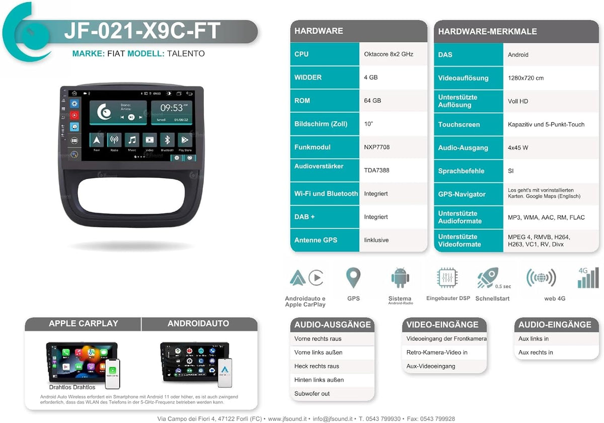 Specifieke autoradio voor Fiat Talento Android GPS Bluetooth WiFi USB DAB+ Touchscreen 10" 8core Carplay AndroidAuto