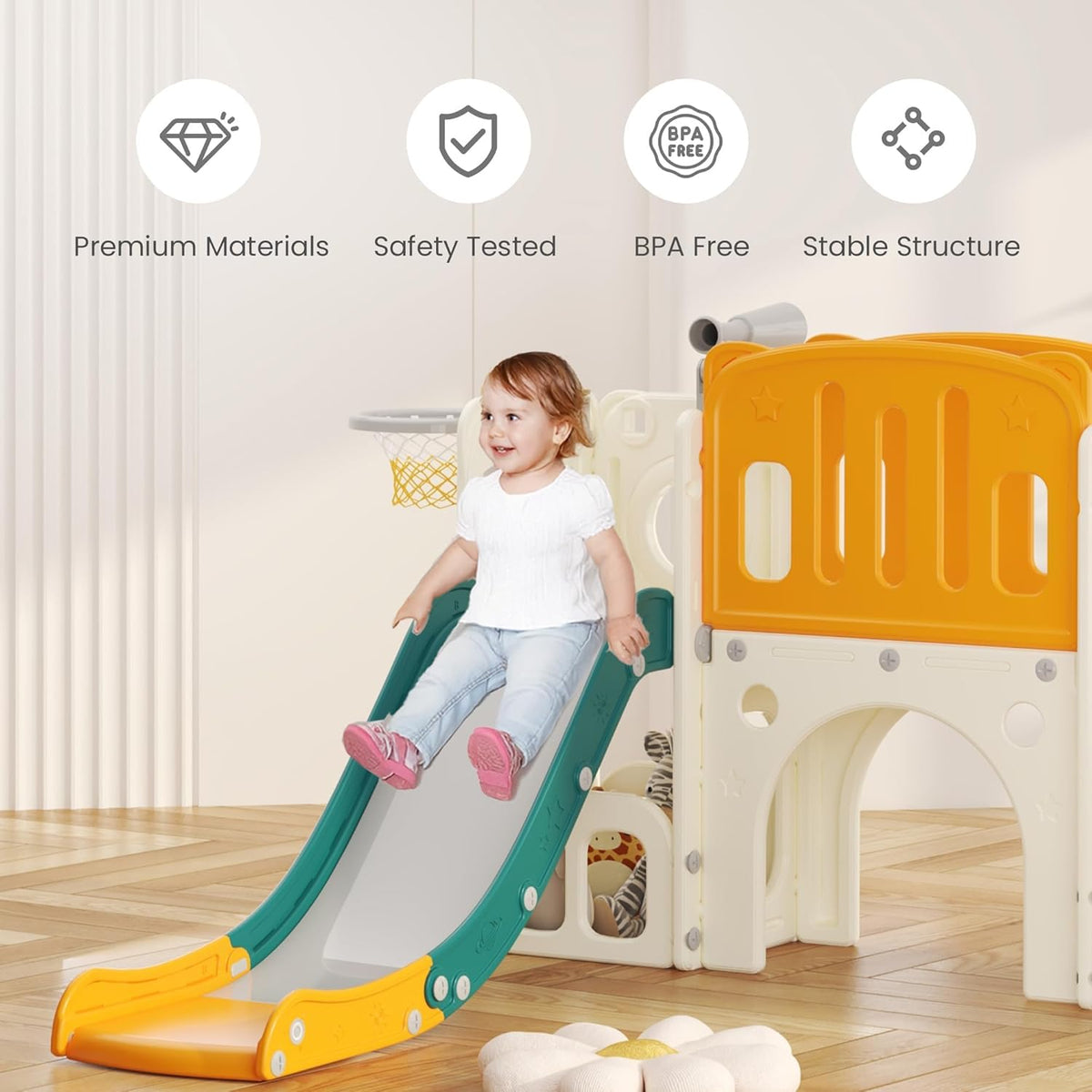 Kinderglijbaan met klimladder, basketbalkorf en tunnel, kunststof glijbaan voor binnen voor kinderen, Montessori-spelletjes voor speelplaats, groen