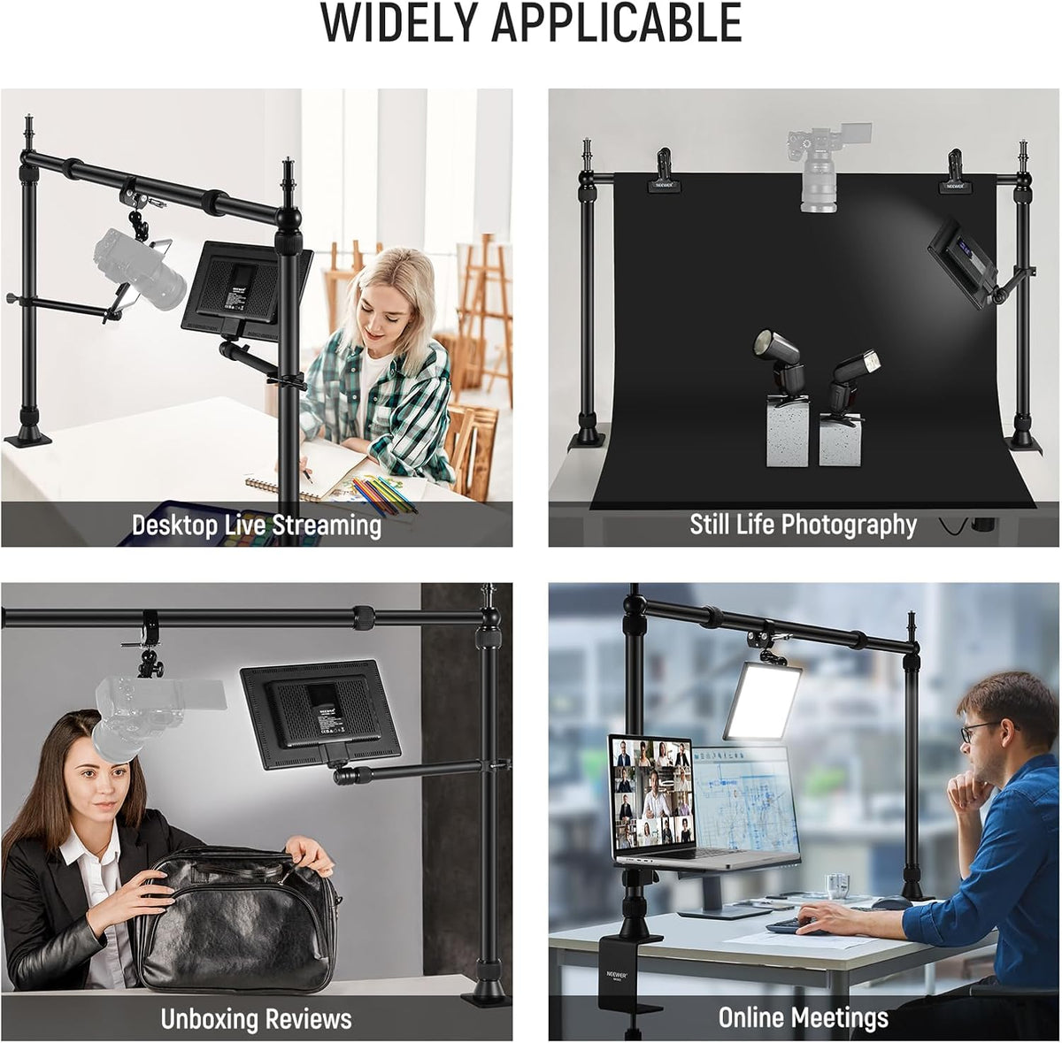 NEEWER NK002 Overhead Camera Mount Rig Platform met Telefoonhouder/2 Balhoofden/Armen/Super Klem/Reinigingsdoek voor Mic Webcam, Bureau Stand met Verstelbare Hoogte Breedte, Max Belasting 26lb/12kg