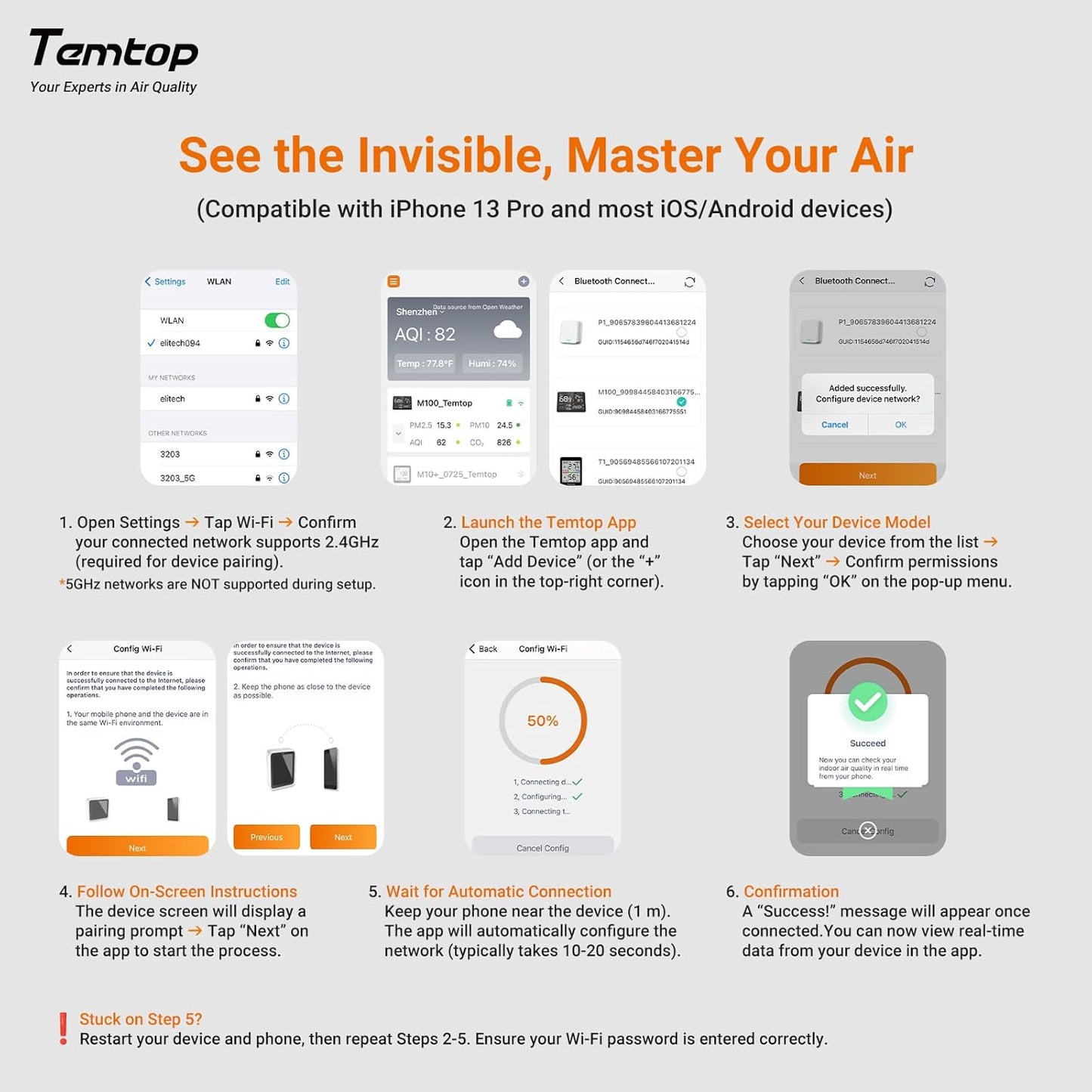Temtop M100-UP Luchtkwaliteitsmeter, weerstation, 2,4 G wifi, bluetooth-thermometer met app, 8-in-1 luchtkwaliteitsmeter (PM2.5/CO2/temperatuur/vochtigheid)