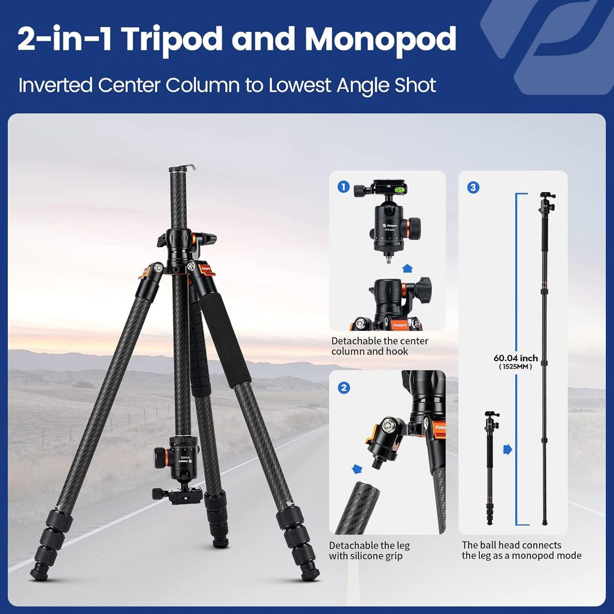 Fotopro Horizontale Camera Statief 75 Inch Koolstofvezel 360 Graden Kogelkop Quick Release Plaat DSLR Statief voor Reizen Camera Video Camcorder