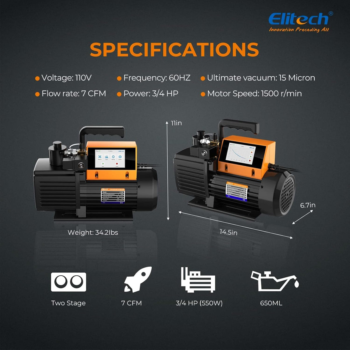 Elitech V700 Vacuum Pump 7 CFM – 2-Stage Intelligent HVAC Pump with Touch Screen, App Control and Additional Vacuum Gauge for Precise Leak Test - QUORE