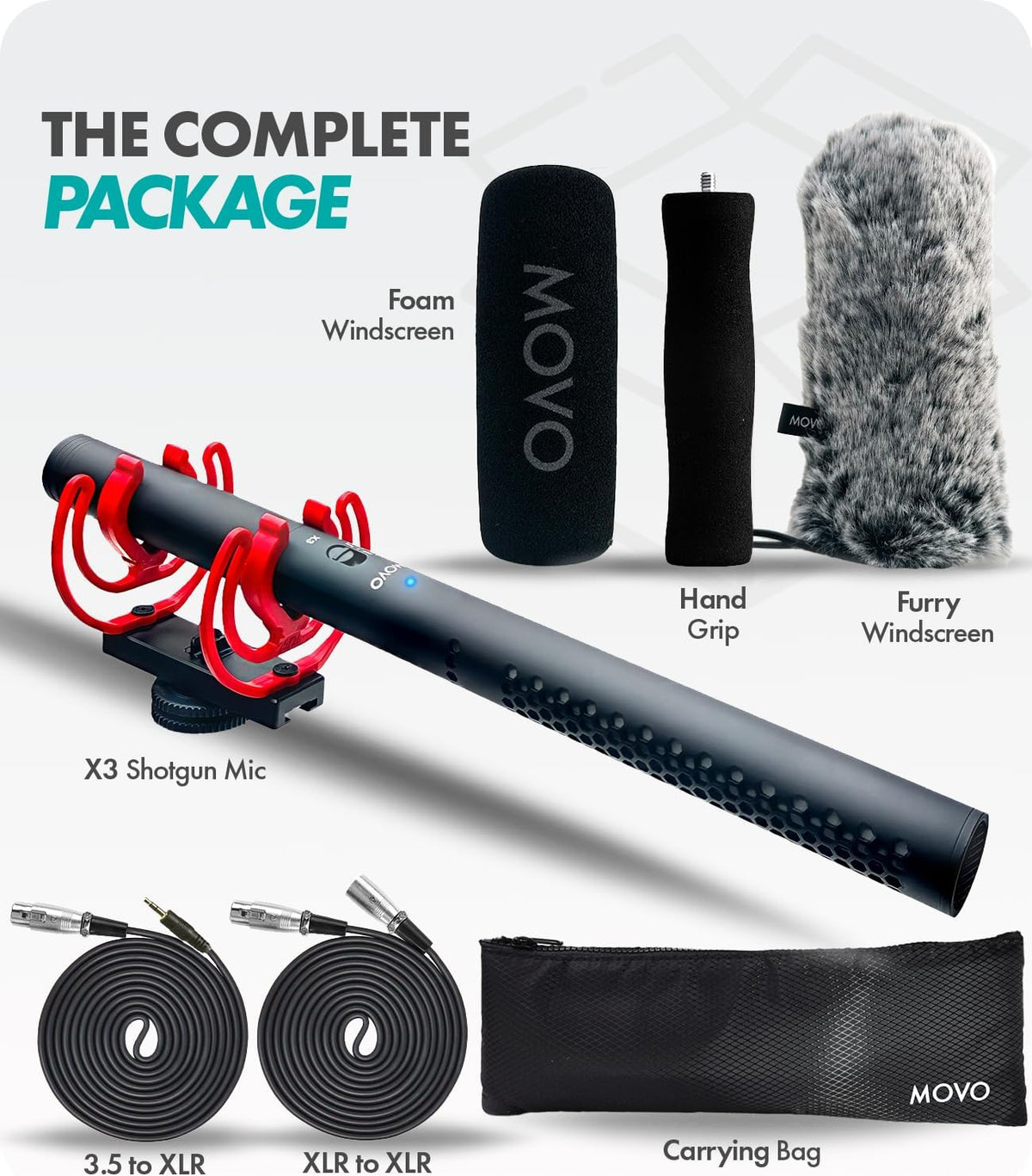 Movo X3-II 11" XLR Shotgun Microfoon voor Camera - Supercardioïde Condensator Shotgun Mic voor DSLR, Content Creatie, Video en Filmmaken - Directionele Boom Mic met Rycote Shockmount, Grip