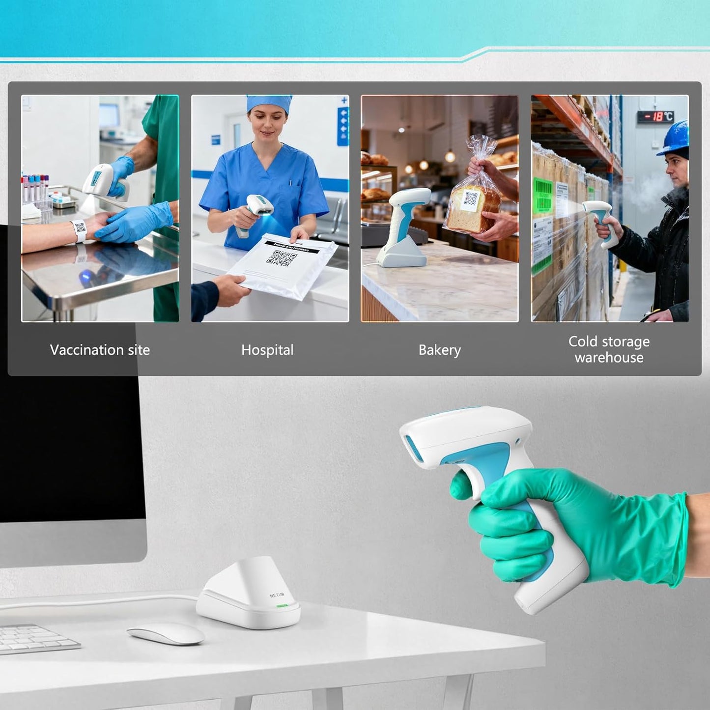 NETUM RD-1962 Blauw-Witte Antimicrobiële Draadloze 1D 2D Barcodescanner 1280×800 CMOS-Sensor 2.4G + Bluetooth IP67 (Wit- RD1962)