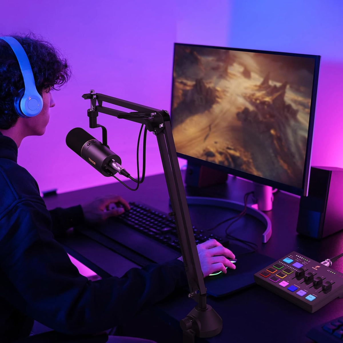 TONOR Podcast-apparatuurpakket, audiomixer met dynamische microfoon of boommicrofoon, XLR-microfoon met studio-audio-interface, alles-in-één pakket voor podcasting, streaming, opnemen, E7