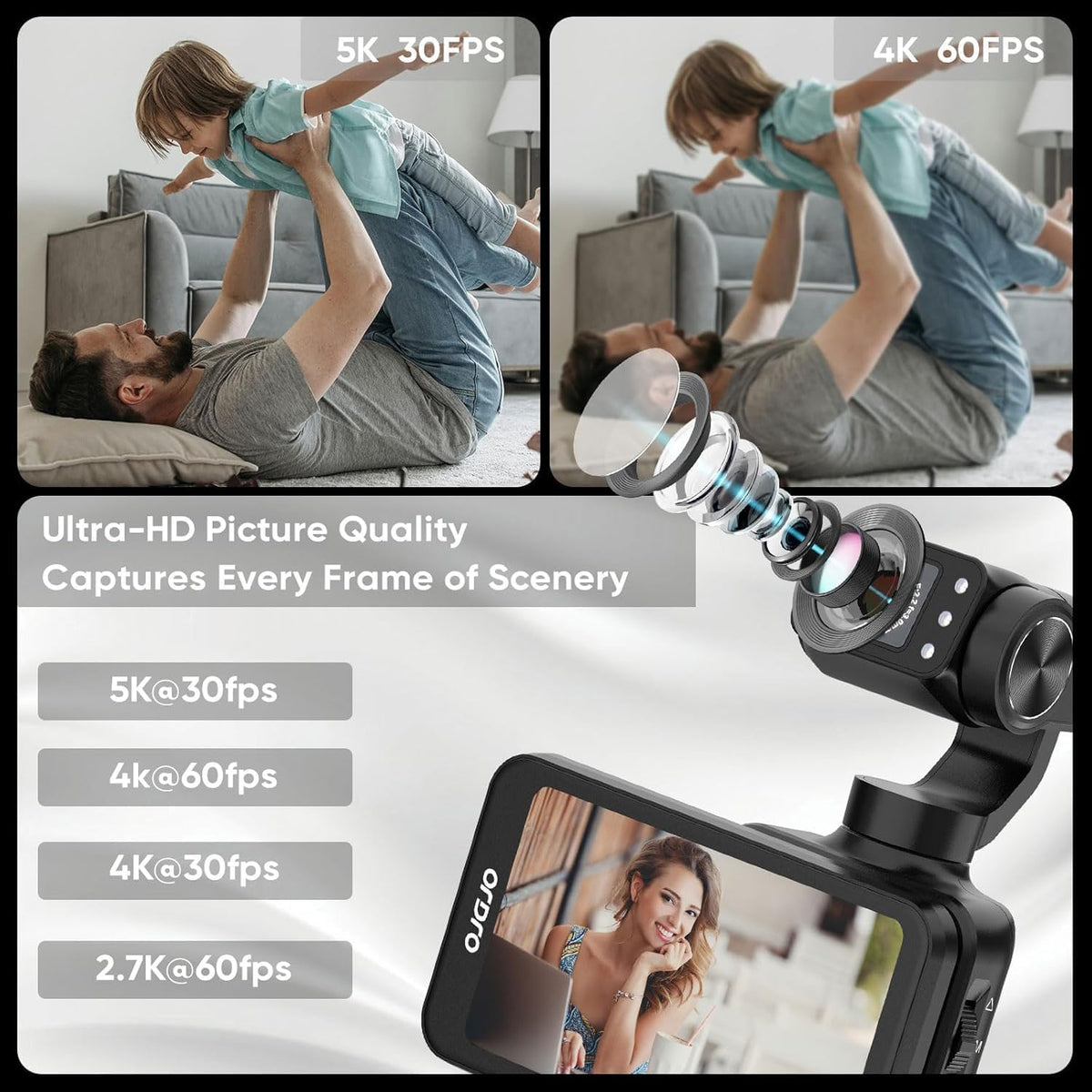 ORDRO M5 handheld set met 3-assige stabilisatie, draagbare wifi-vlogcamera met IR-nachtzicht, 120° groothoek en gezichtsherkenning voor YouTube