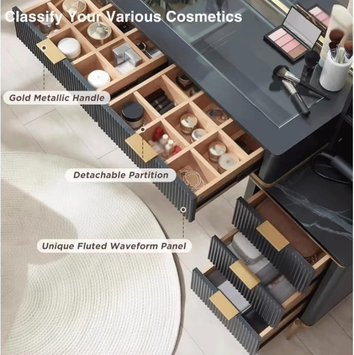 dressing tables Large modern vanity table with mirror and lighting with 5 drawers and storage shelves and dressing table toilet table(Noir) - QUORE