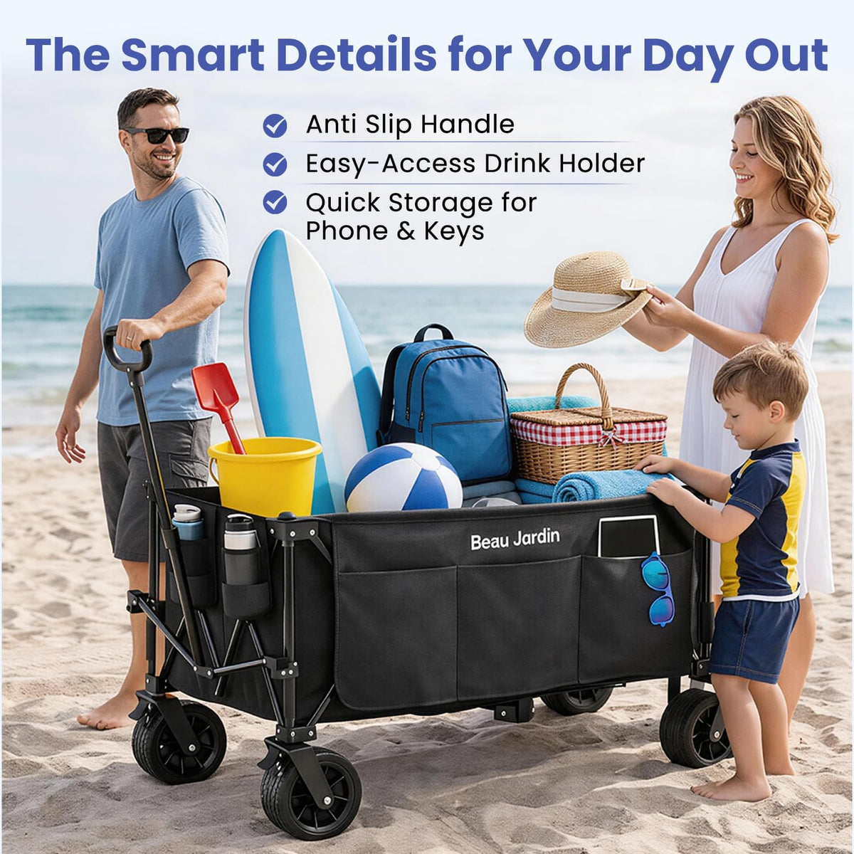BEAU JARDIN Opvouwbare Push Wagon Cart Opvouwbare Utility Camping Kruidenier Canvas Stof Stevige Draagbare Rolling Lichtgewicht Buggies Outdoor Tuin Sport Heavy Duty Winkelwagen Wagons Met Wielen Zwart
