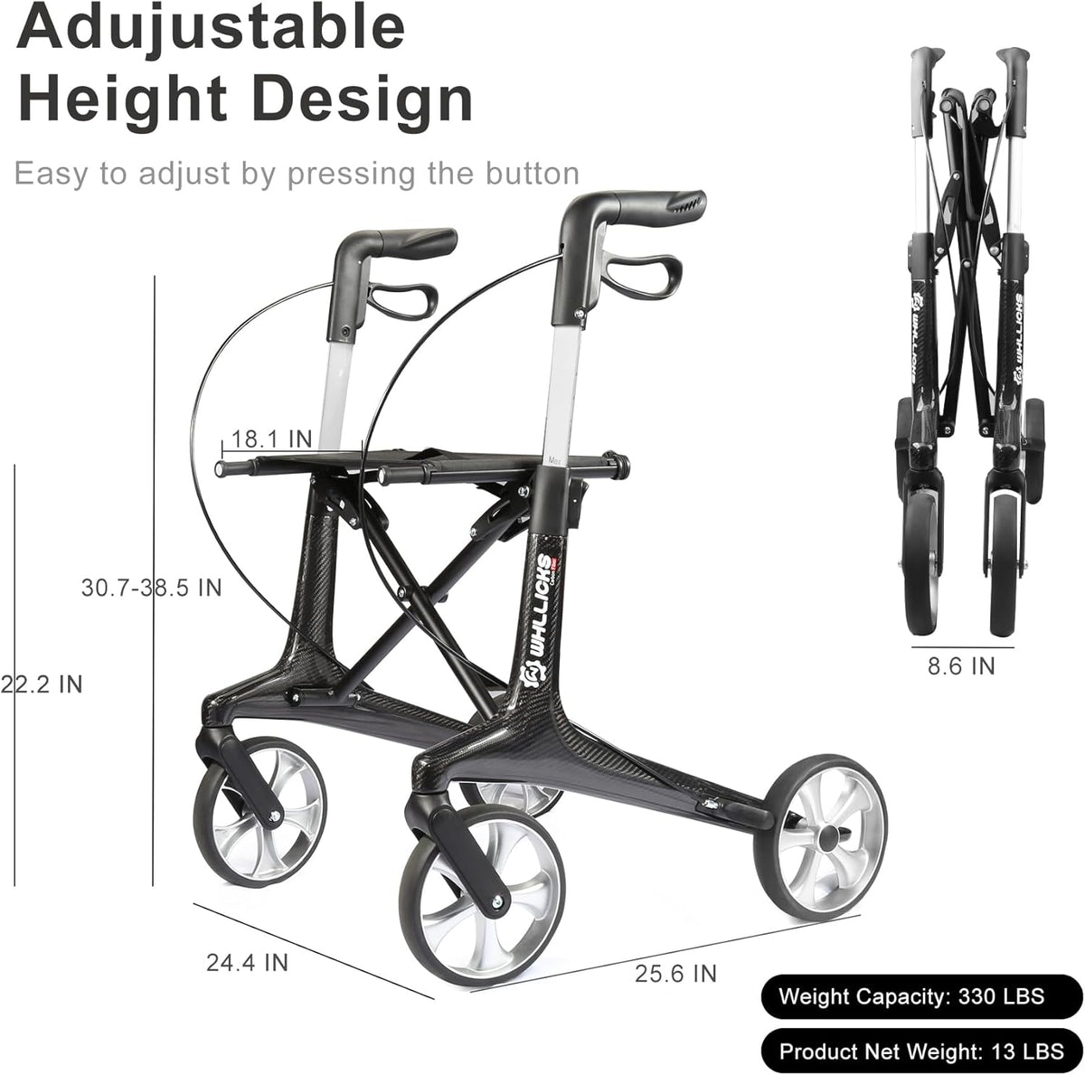 Carbon rollator, opvouwbaar en licht, met zitting, smalle rollator voor woning, opvouwbare rollatoren voor ouderen met een gewicht van 6 kg, handgreep, verstelbare hoogte 78-98 cm (Zwart)