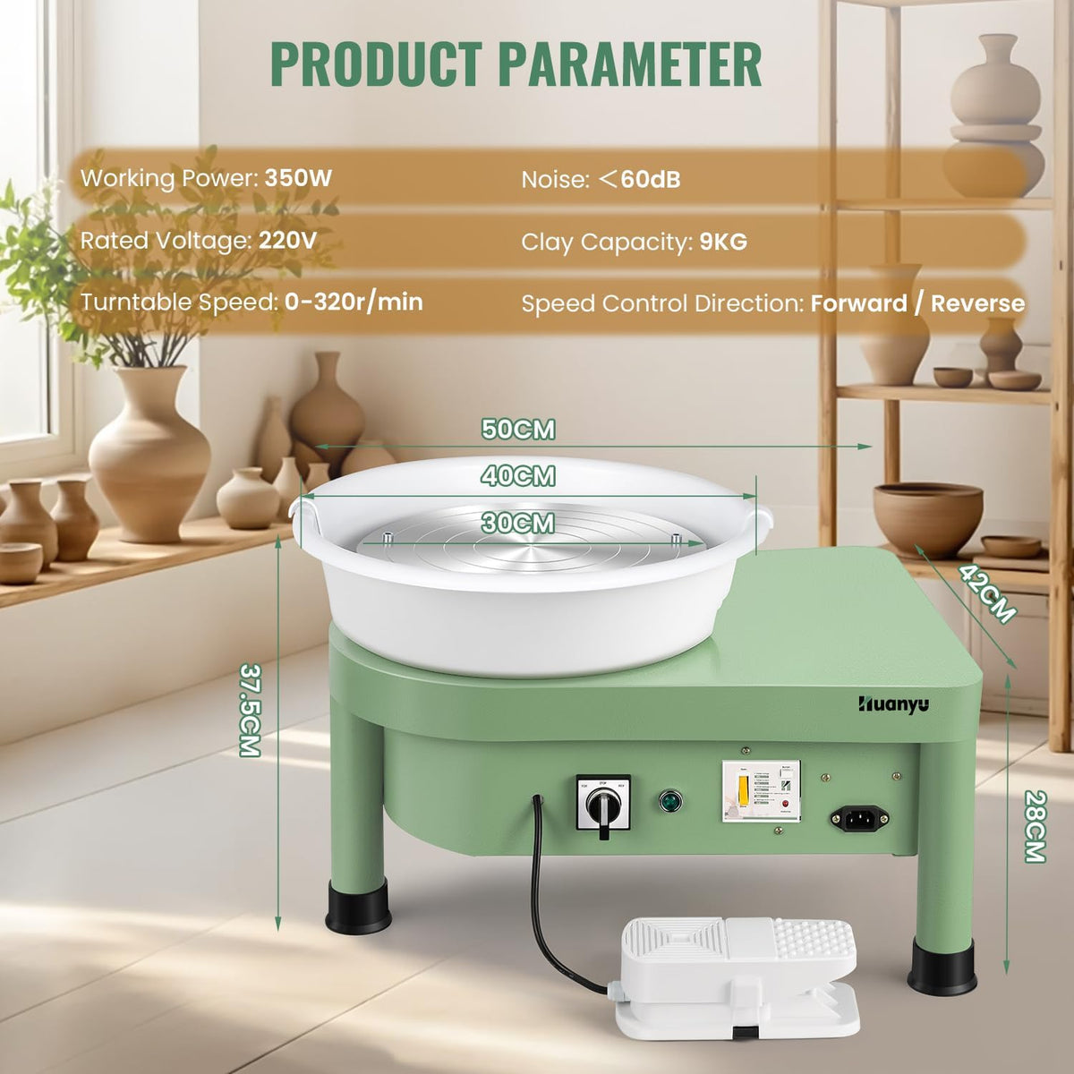 Pottenbakkerschijf – Draaischijf – Keramiekschijf – Klei Draaitafel – Boetseerschijf – 30 cm Draaiplateau – Elektrische Voetpedaalbediening – 350W Motor – Complete Pottenbakkersset – Groen - QUORE