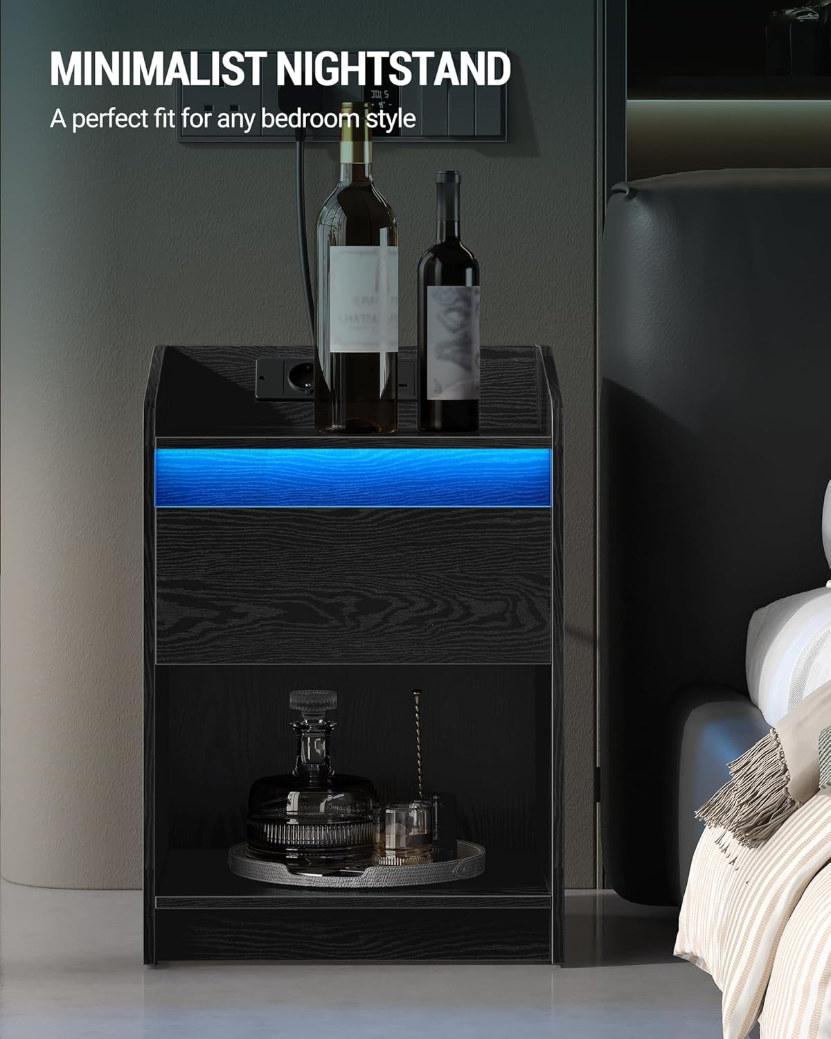 Hzuaneri Bedside Table Set of 2 with LED Light, Bedside Table with Charging Dock, 1 Storage Drawer for Bedroom, Living Room, 2 USB Ports, 2 Power Outlets, Open Compartment Black NS09104X