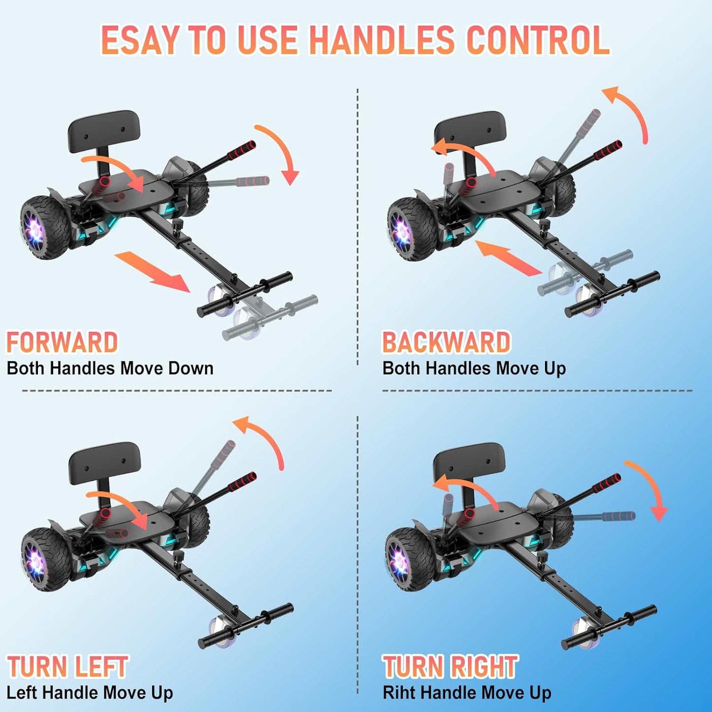 Scooter met zitting, 21,6 cm (8,5 inch), go-cart, combo met kleurrijke led-lampjes en bluetooth, voor kinderen, jongens, meisjes, volwassenen, alle leeftijden