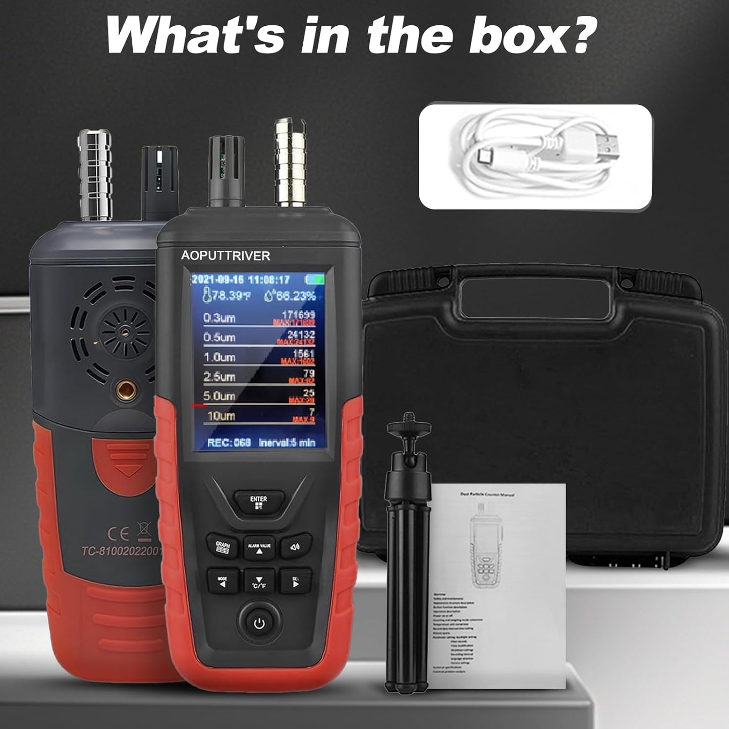 Luchtkwaliteitsmonitor, CO2-meter, deeltjesteller Home Air Quality tester met 6-kanaals PM0.3/0.5/1.0/2.5/5/10 om detectie met luchtvochtigheid, temperatuur, gegevensoverdracht/opslag