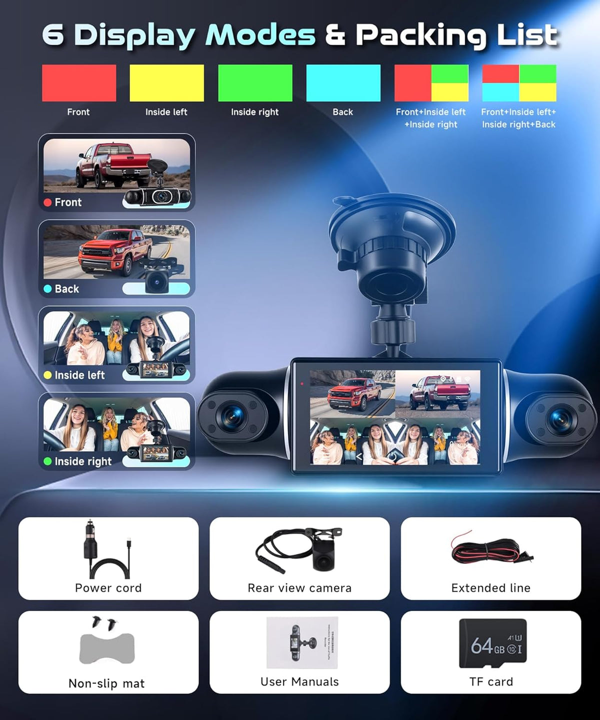 Dashcam – Autocamera – Auto Camera – 4-Kanaals Dashcam – Voor En Achter – 360° Zicht Rondom – 2K + 3x 1080p, Wifi En G-Sensor