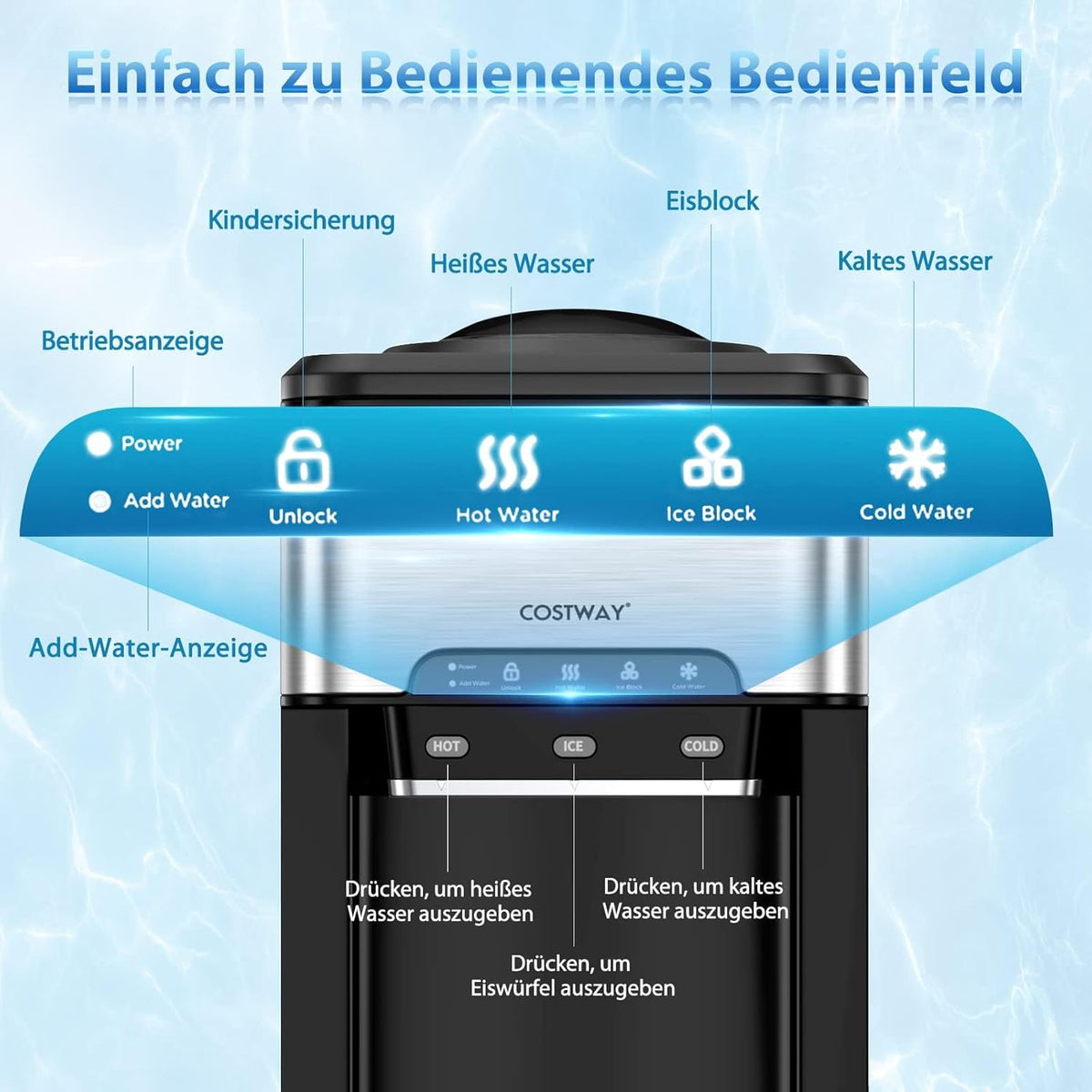 3-in-1 Waterdispenser – Ijsmachine – IJsblokjesmaker – Warmwaterdispenser – Koudwaterdispenser – Snel IJs in 10 Minuten – 3 Liter Waterreservoir