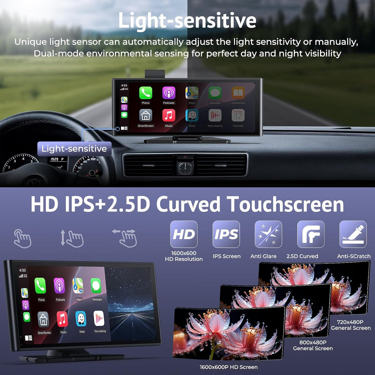 Carplay scherm voor auto 10,3 inch HD IPS draadloos compatibel met Apple Carplay & Android Auto, Touch Car Play Screen met SuperLink, 4K Dash Cam, 1080p Backup Camera, Loop Recording, Bluetooth Audio