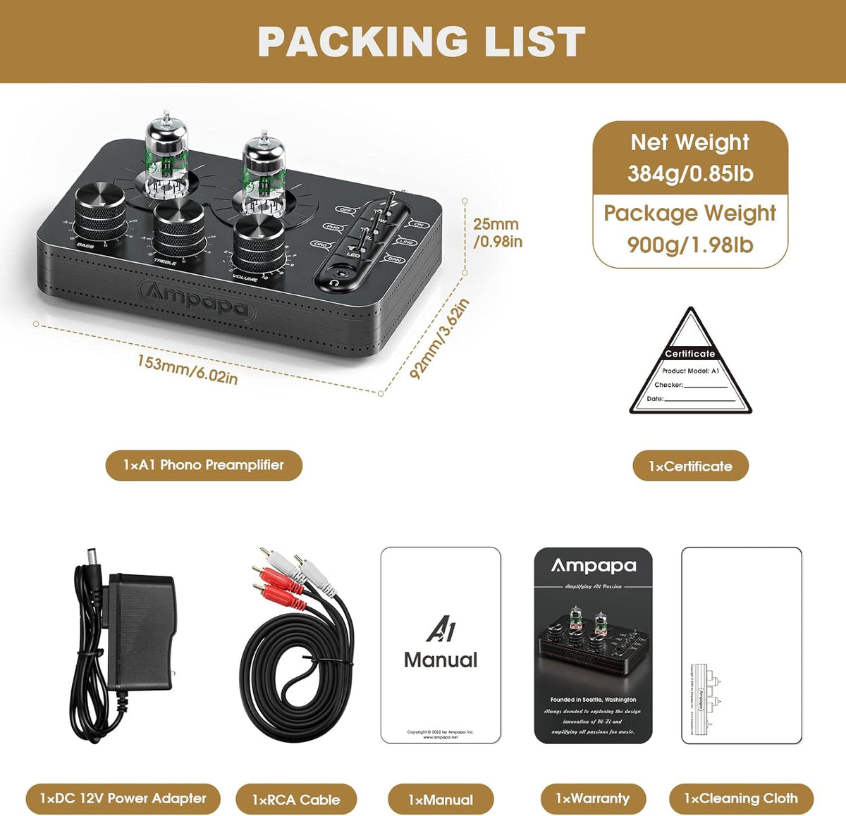 A1 Buis Phono Voorversterker: Klep Hoofdtelefoon Amp, Hi-Fi Audiofiele Voorversterker voor MM Draaitafel Platenspeler met Tone Control voor Thuis Stereo Audio Systeem