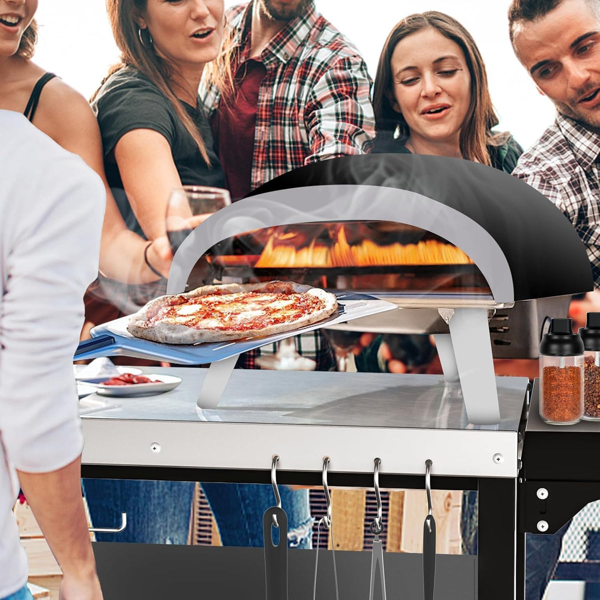 GFTIME Pizza tafelwagen voor Ooni, Ninja Woodfire, Blackstone Griddle, Weber Q, grote rollende keukeneiland-multifunctionele wagen, outdoor grillstandaard, roestvrij staal, grilltafel, grillwagen met