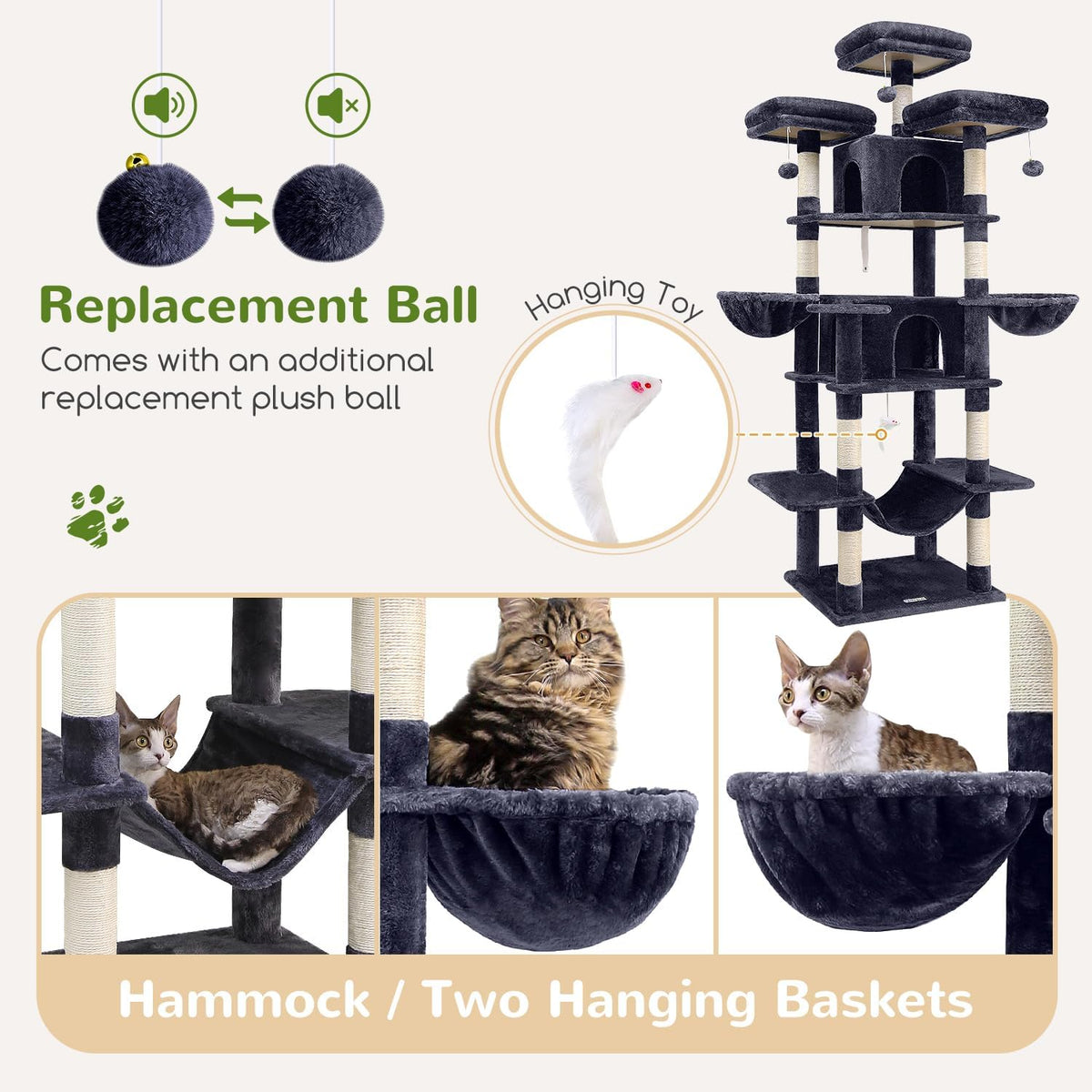 Kattenkrabpaal XXL – Krabmeubel – Kattenboom – Krabpaal – Speelmeubel – Extra Hoog 204 cm – Zachte Pluche Bekleding – 3 Afneembare Zitstokken – 2 Kattenhuisjes – Donkergrijs