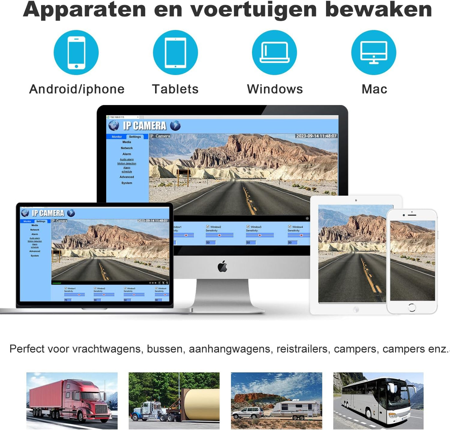 GENBOLT 4G LTE vrachtwagen camera voor remote monitoring. Realtime en multi-hoek monitoring met 1080P dual camera's. Geluids- en lichtalarm. IP69 waterdicht. Magnetische beugel