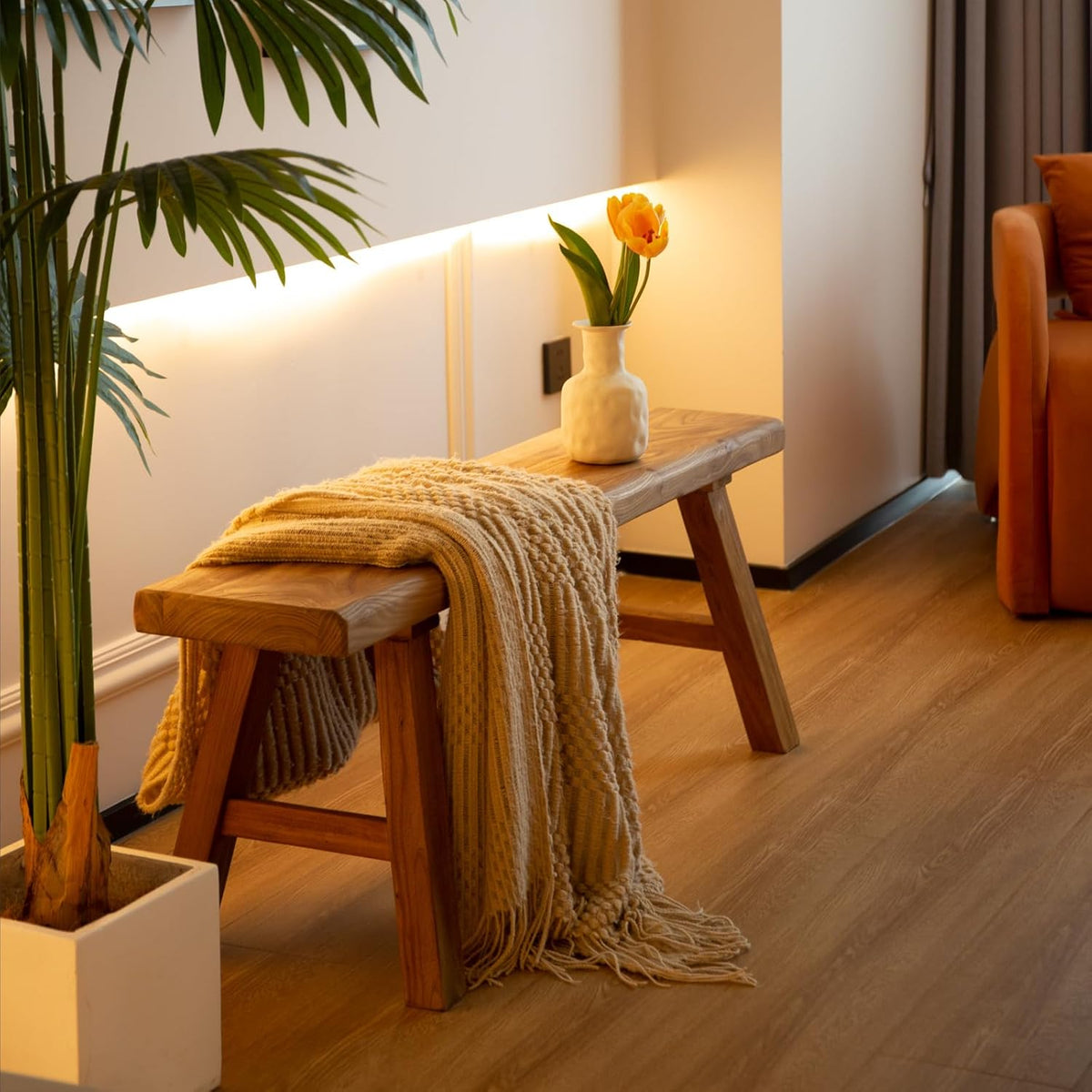 Massief houten bank van 80 cm, rustieke zitbank van natuurlijk hout, stabiele houten bank voor hal, eetkamer of slaapkamer