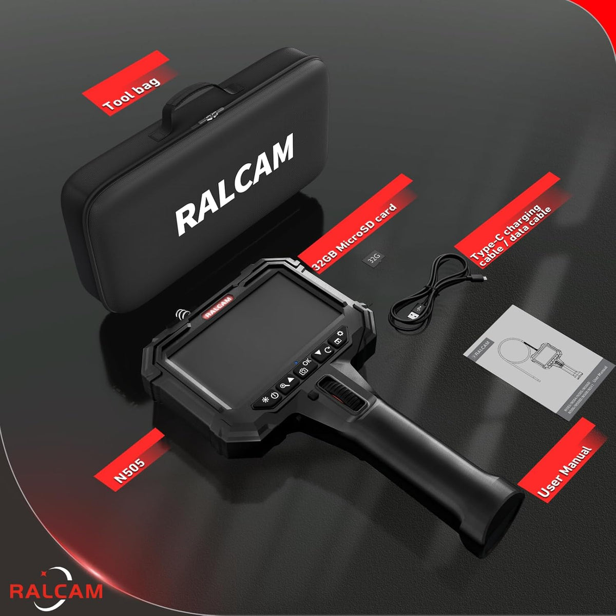 Ralcam Endoscoopcamera met licht, endoscoopcamera met 210° beweegbare kop, 5,5 mm sonde, 5 inch HD-scherm, IP67-inspectiecamera, 1,5 m elastische slangenbuis, buiscamera voor auto en huis
