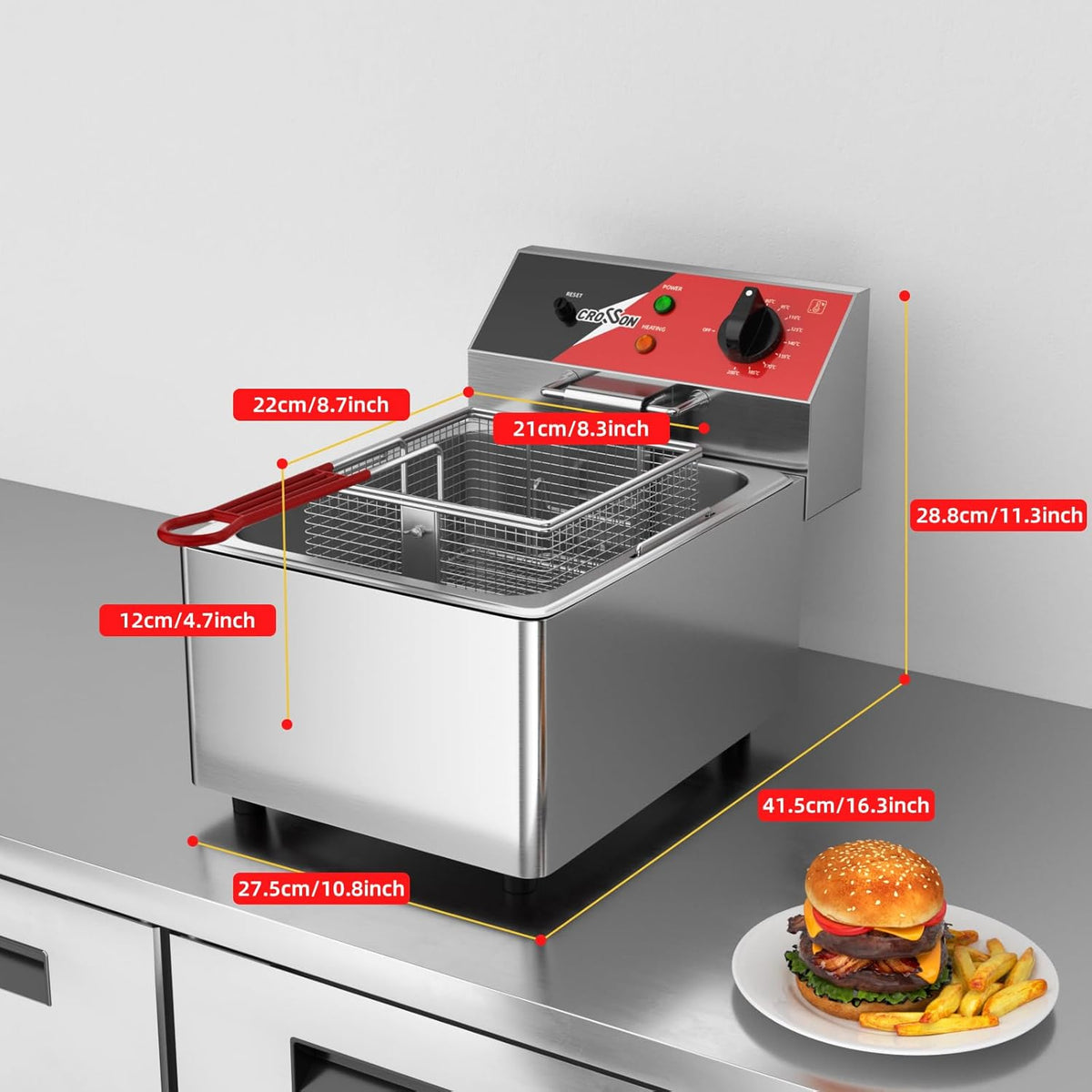 CROSSON Elektrische Friteuse 6L,230V/3000W Elektrische Friteuse met Mand en Deksel,Temperatuurregeling 80-200°C,voor Restaurantkeuken