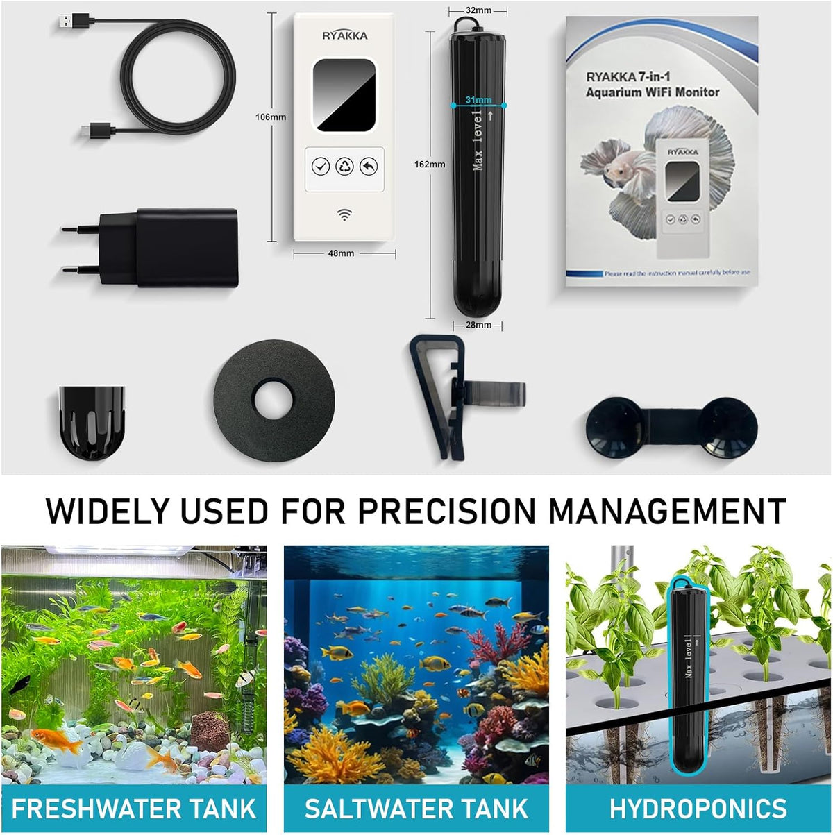 7-in-1 Smart aquarium watertester, pH, chloor, zoutgehalte, TDS, EC, ORP en temperatuurmeting voor aquaria met WLAN en Tuya-app voor real-time monitor en automatische meldingen