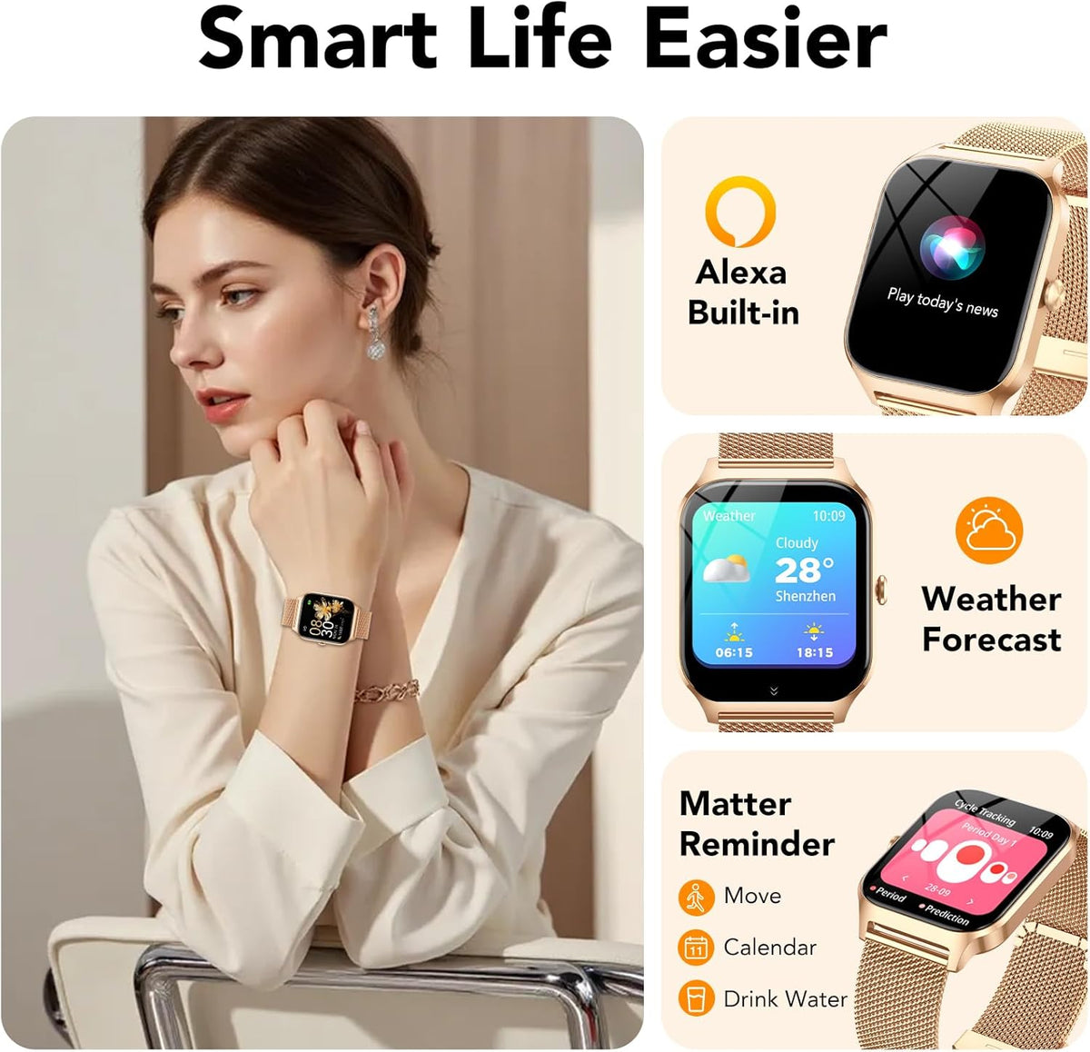 CASCHO Smartwatch voor dames, 1,85 inch smartwatch met bluetooth-oproepen/assistent, 120+ sportsmartwatch met stappenteller, slaap-/hartslagmeter, verguld en lichtroze