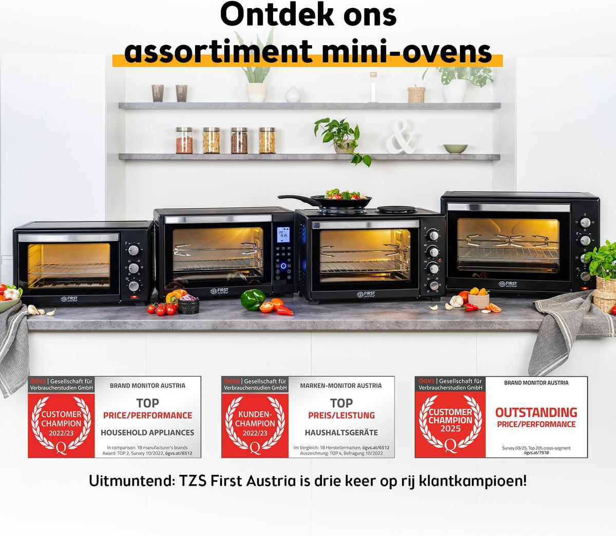 TZS First Austria - Minibakoven met kookplaten 60L 3200 W - Mini oven pizzaoven met kookplaten tot 230°C & 6 verwarmingsmodi - Minioven combi-apparaat met 4 inschuifhoogtes & hoogwaardig accessoires