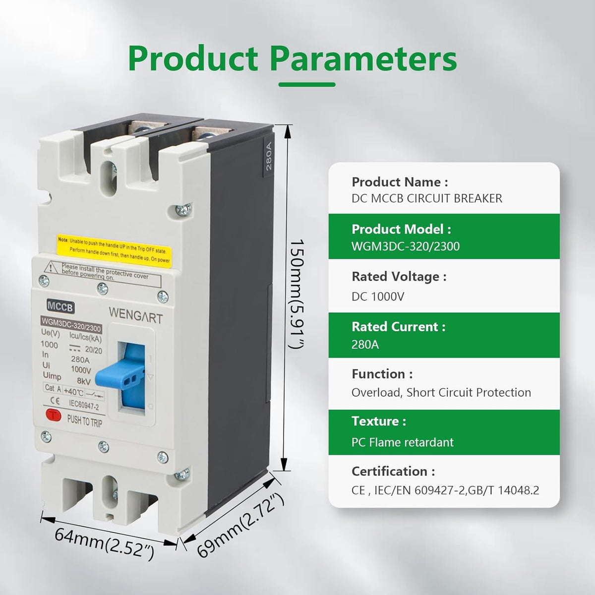 Wengart MCCB WGM3DC-320, PV-stroomschakelaar DC1000V 2P 280-320A, biedt betrouwbare bescherming voor fotovoltaïsche systemen op zonne-energie (280A)