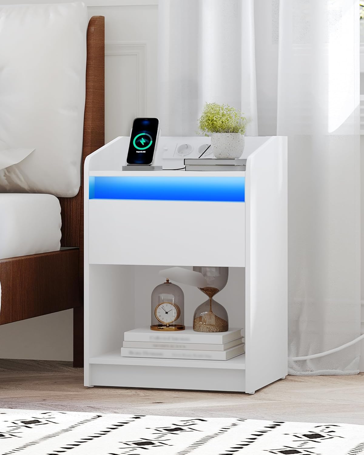 Hzuaneri Bedside Table with LED Light, Side Table with Charging Station, 1 Storage Drawer, Bedside Table for Bedroom, Living Room, 2 USB Ports, 2 Sockets, Set of 2, White NS09003X