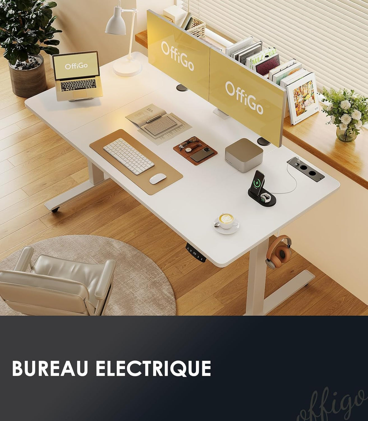 OffiGo Bureau Assis-Debout, 160 cm Elektrisch Bureau met Stopcontacten en USB, Standing Desk met 2 Geheugenstanden, Elektrische Tafel voor Thuis, Wit