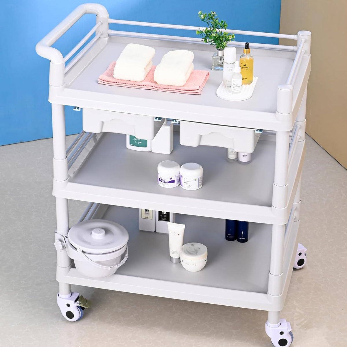 Rolling Utility Cart,Qiwey Grote Medische Utility Cart met 2 Laden,3-Tier Esthetician Cart met Wielen voor Schoonheidssalon SPA Commerciële Ziekenhuis Kantoor Lab Cart Wit