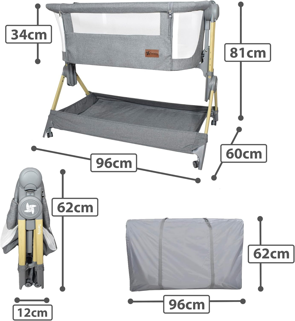 Comfortly 2-in-1 babybed en Mosesmand met wieltjes, inklapbaar, zonder montage, in hoogte verstelbaar en anti-terugstroomfunctie, incl. matras, laken van katoen en tas (grijs)