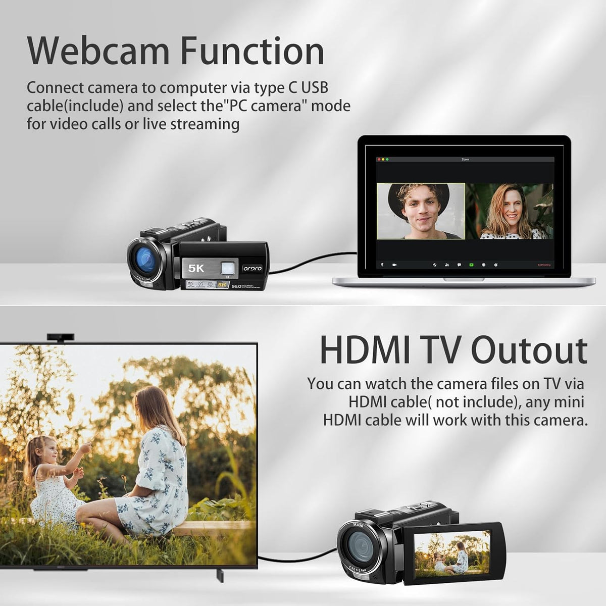 Videocamera – Camcorder – Vlogcamera – YouTube Camera – Digitale Camera – 5K/25 fps en 56 MP – 95° Groothoek met 2 Oplaadbare Batterijen