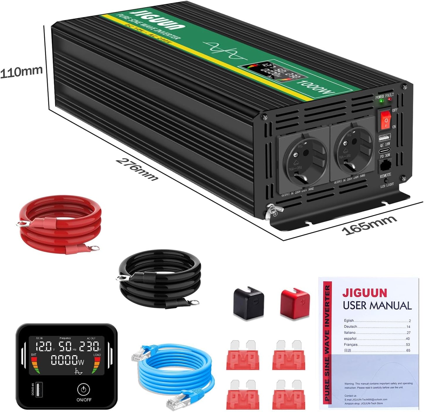 JIGUUN 1000W/2000W omvormer 12v naar 230v zuivere sinus Converter power inverter met afstandsbediening LCD-scherm 2 Eu-stopcontact & 1 USB-poort voor auto, camping, reizen,noodgeval