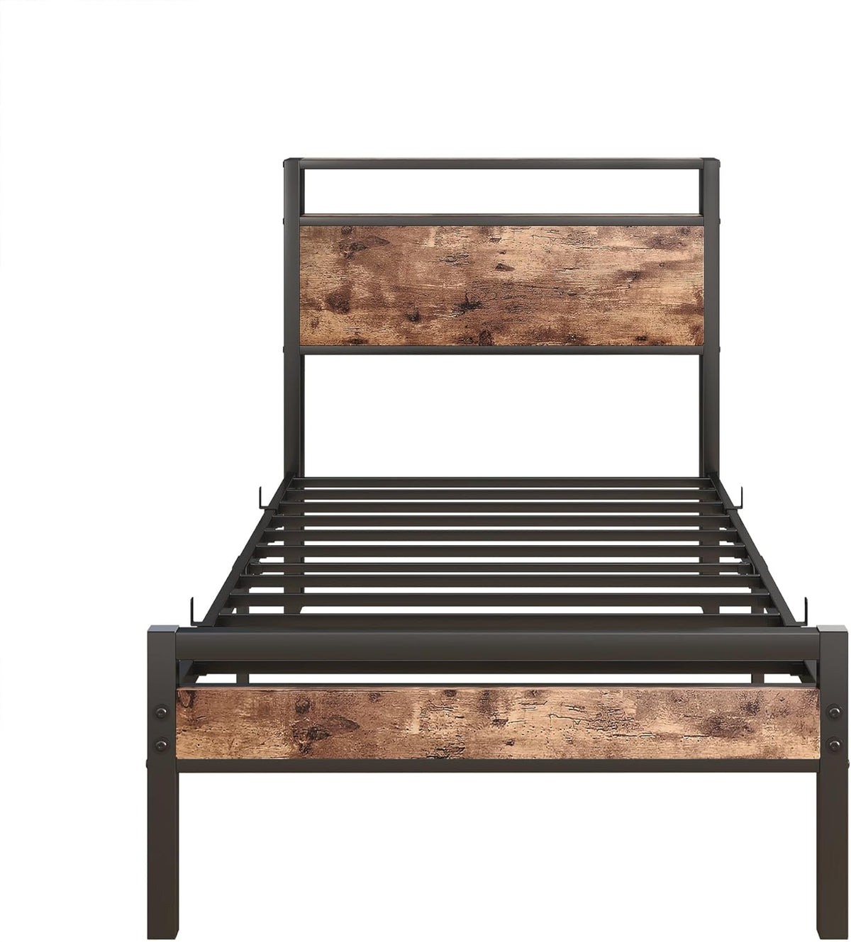 Eenpersoonsbedframe van massief metaal, met houten hoofdeinde, sterk ijzer, platformbedframe, eenpersoonsbed, geen boxspringbed nodig, matrasfundering, opslag onder het bed