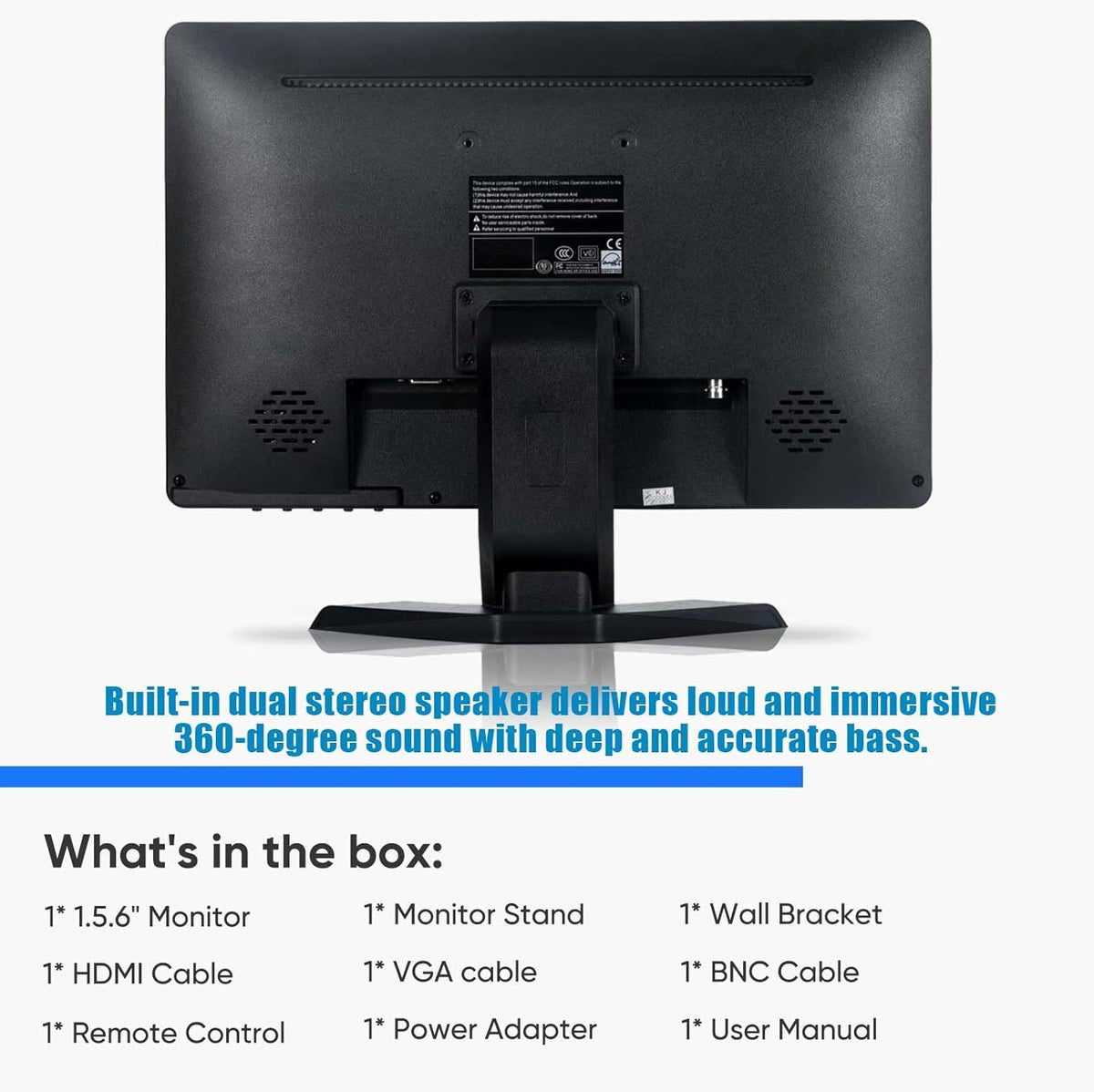 JaiHo Monitor, 39,6 cm (15,6 inch), 1080p, led-display (1920 x 1080), FHD 1080p, 60Hz, ingebouwde luidspreker, voor pc, CCTV, beveiligingscamera, zwart