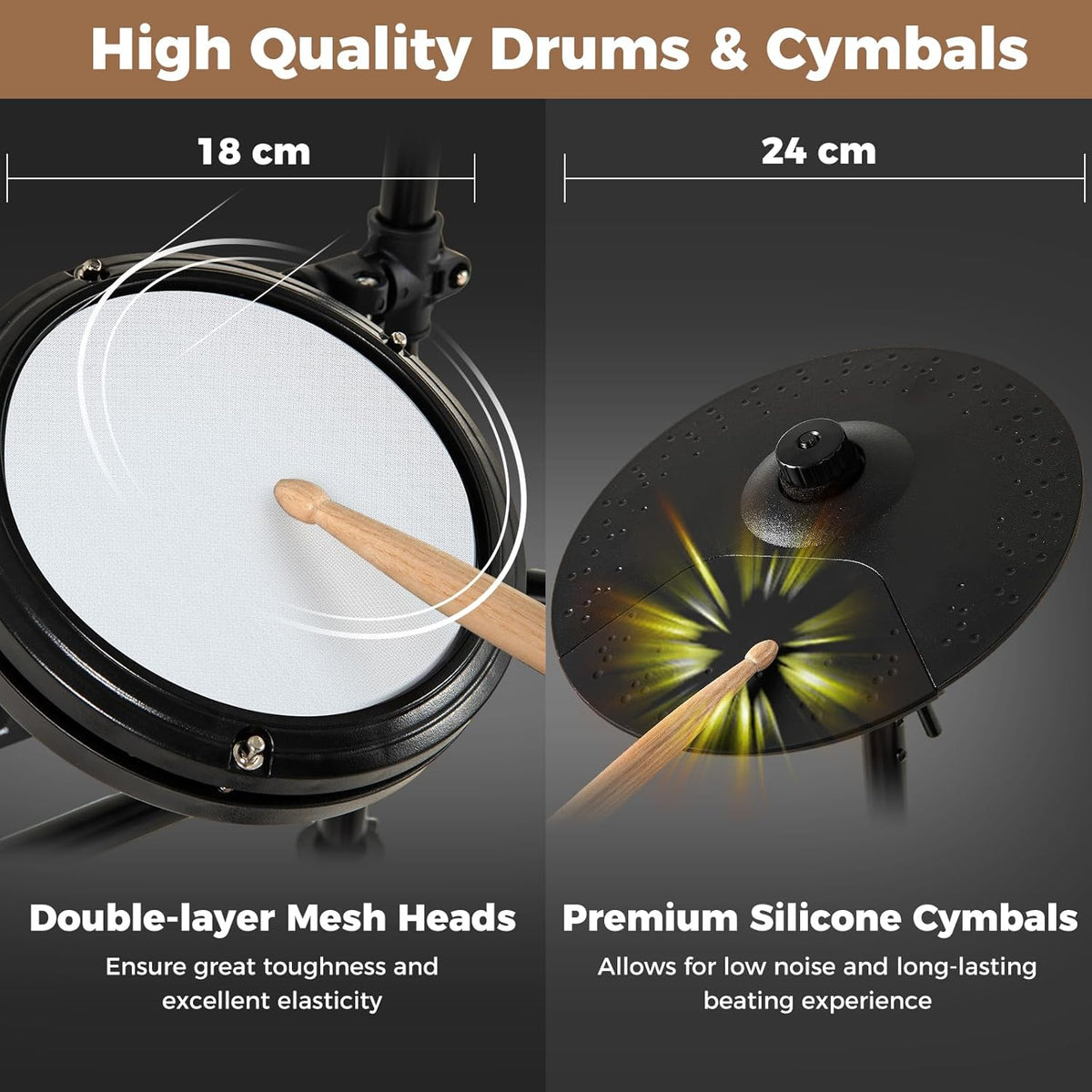 FANTASK Elektronische drumsets, opvouwbaar met mesh-pads, 150 geluiden en 10 demo's, metronoom en USB MIDI, 2 pedalen en 2 drumsticks, 7-delig e-drumstel voor kinderen, volwassenen
