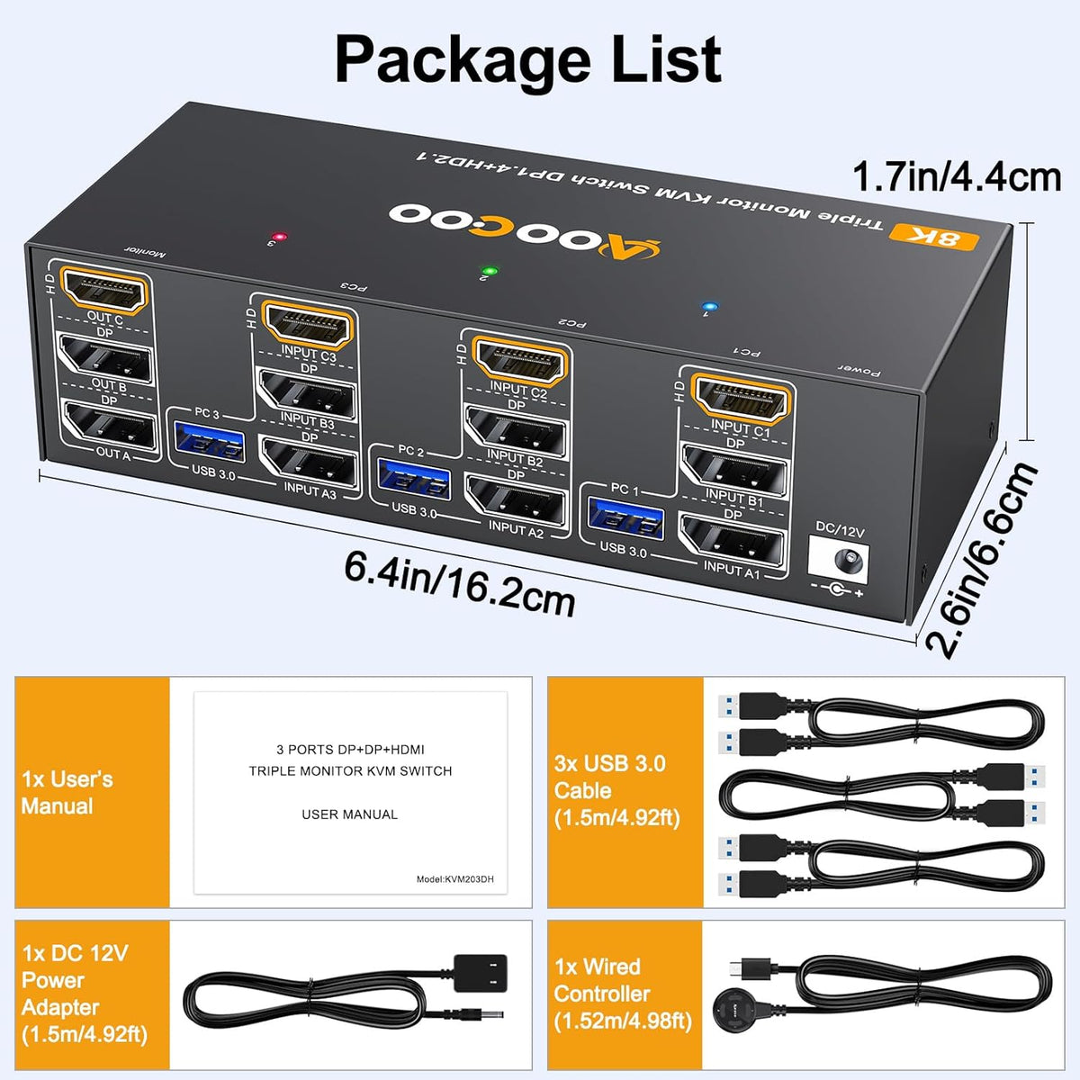 KVM Switch 3 PC 3 monitoren 4K @144Hz/8K @60Hz, Triple Monitor HDMI DP KVM-switches met bekabelde afstandsbediening, voeding en USB 3.0-kabel inbegrepen