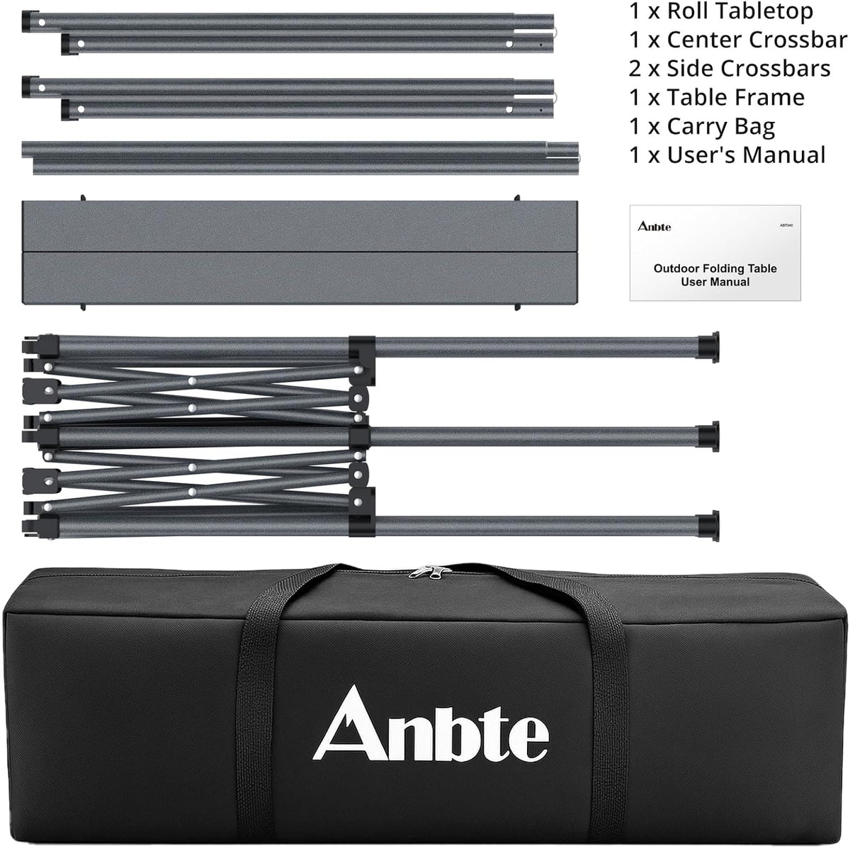 Anbte Campingtafel, grilltafel, 122 x 60 x 74 cm (l x b x h), extra groot, aluminium roltafel, X-frame, klaptafel voor 6 tot 8 personen, draagvermogen tot 120 kg, met draagtas, voor tuin, strand