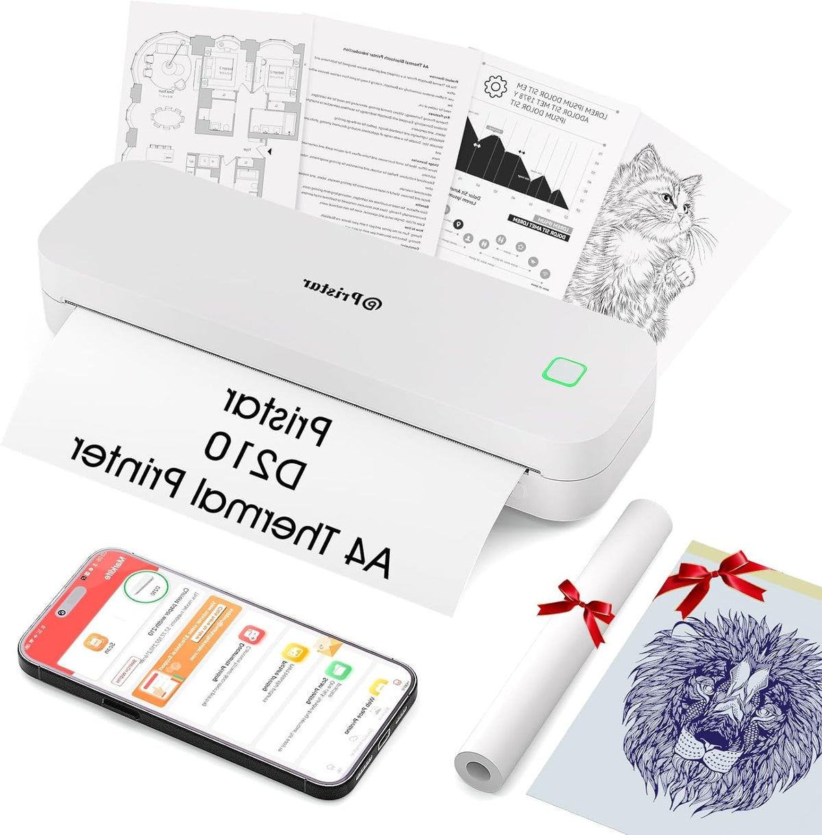 Pristar D210 Thermal Printer A4, Portable Printer Compatible with iOS/Android and Laptops, Mobile Printer A4 for on the go, Office, Car, School, Home, Bluetooth Thermal Printer, Tattoo, White - QUORE