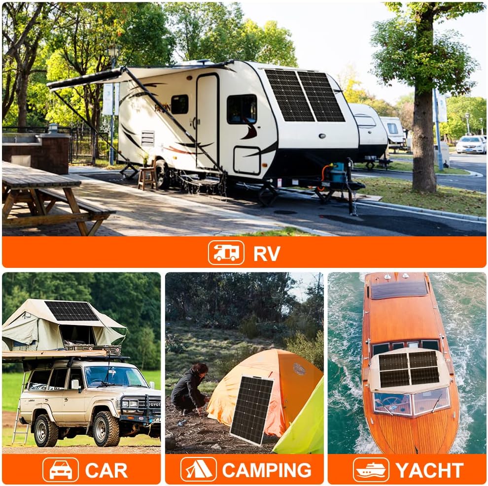 DOKIO Zonnepaneel, flexibel, 400 W, 4 x 100 W, monokristallijne zonnepanelen, ideaal voor camper, camping, tuinhuis