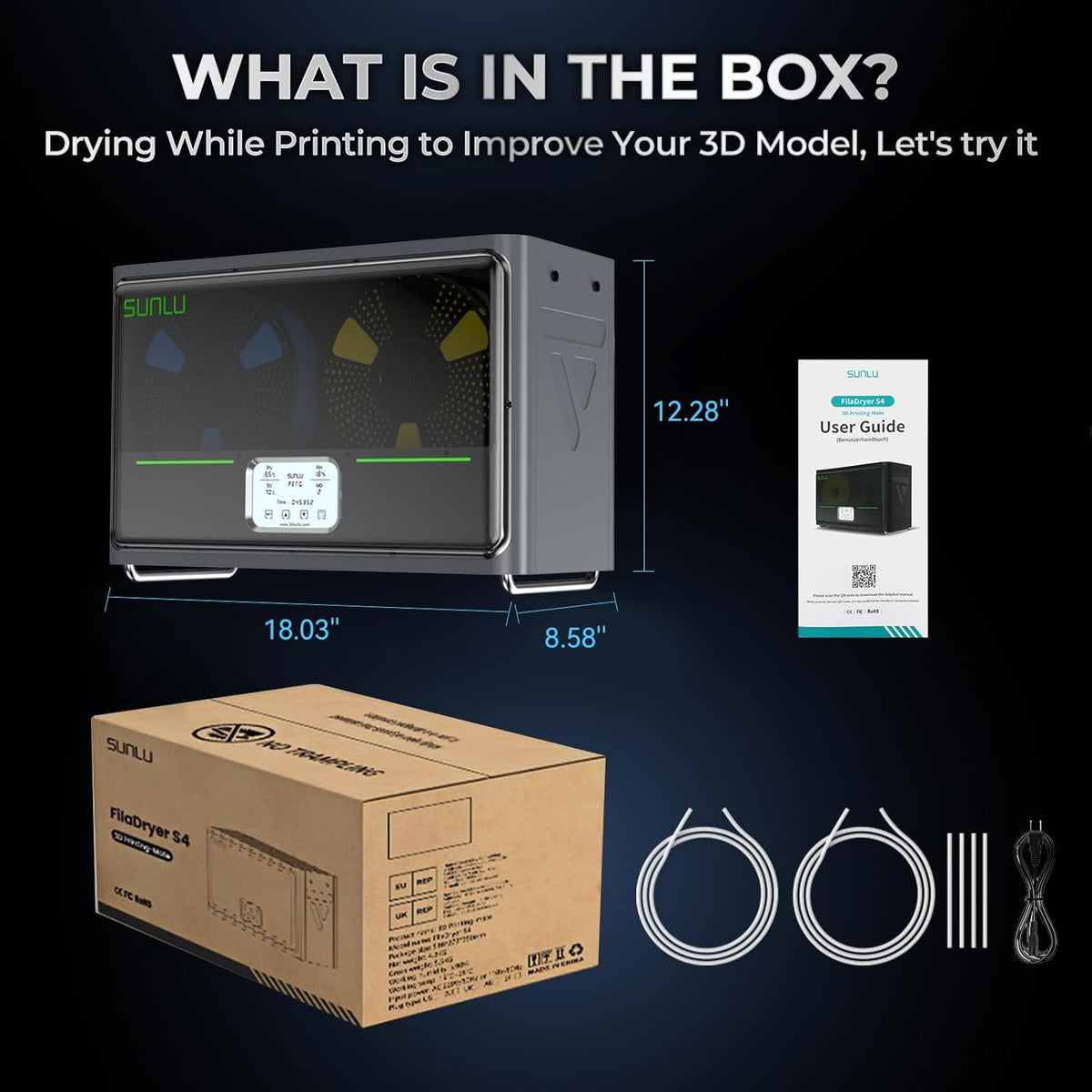 Filamentdroger – Droogbox – Filamentbox – 3D Printer Droger – Filament Oven – 4 Rollen Capaciteit – 360° Snelle Verwarming & Automatische Vochtigheidscontrole