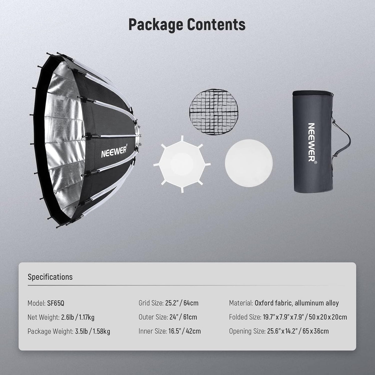 NEEWER 26inch/65cm Parabolic Softbox Quick Set-up Quick Folding, met Diffusers/Honingraat Grid/tas, Compatibel met Aputure 120d Light Dome Godox sl60w NEEWER RGB CB60 en andere Bowens Mount Lights
