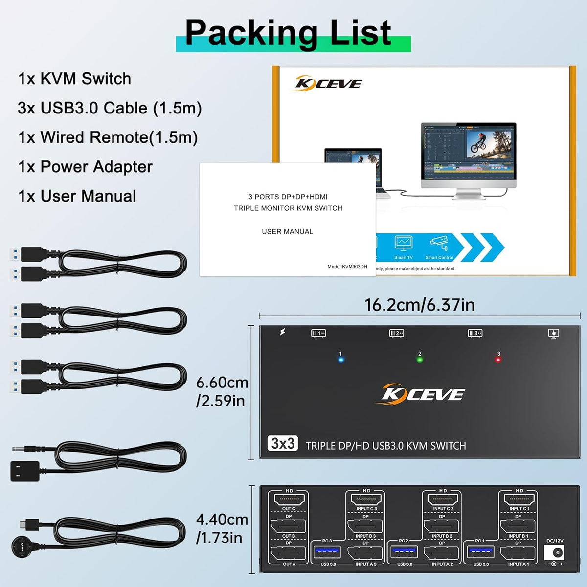 USB 3.0 KVM Switch 3 PC 3 Monitoren 8K@60Hz 4K@144Hz, HDMI+2 DisplayPort MLEEDA KVM Switch 3 Monitor Voor 3 PC Share 3 Monitoren en 4 USB 3.0 Apparaten met 12 V Voeding, Kabelcontroller, 3 * USB Kable