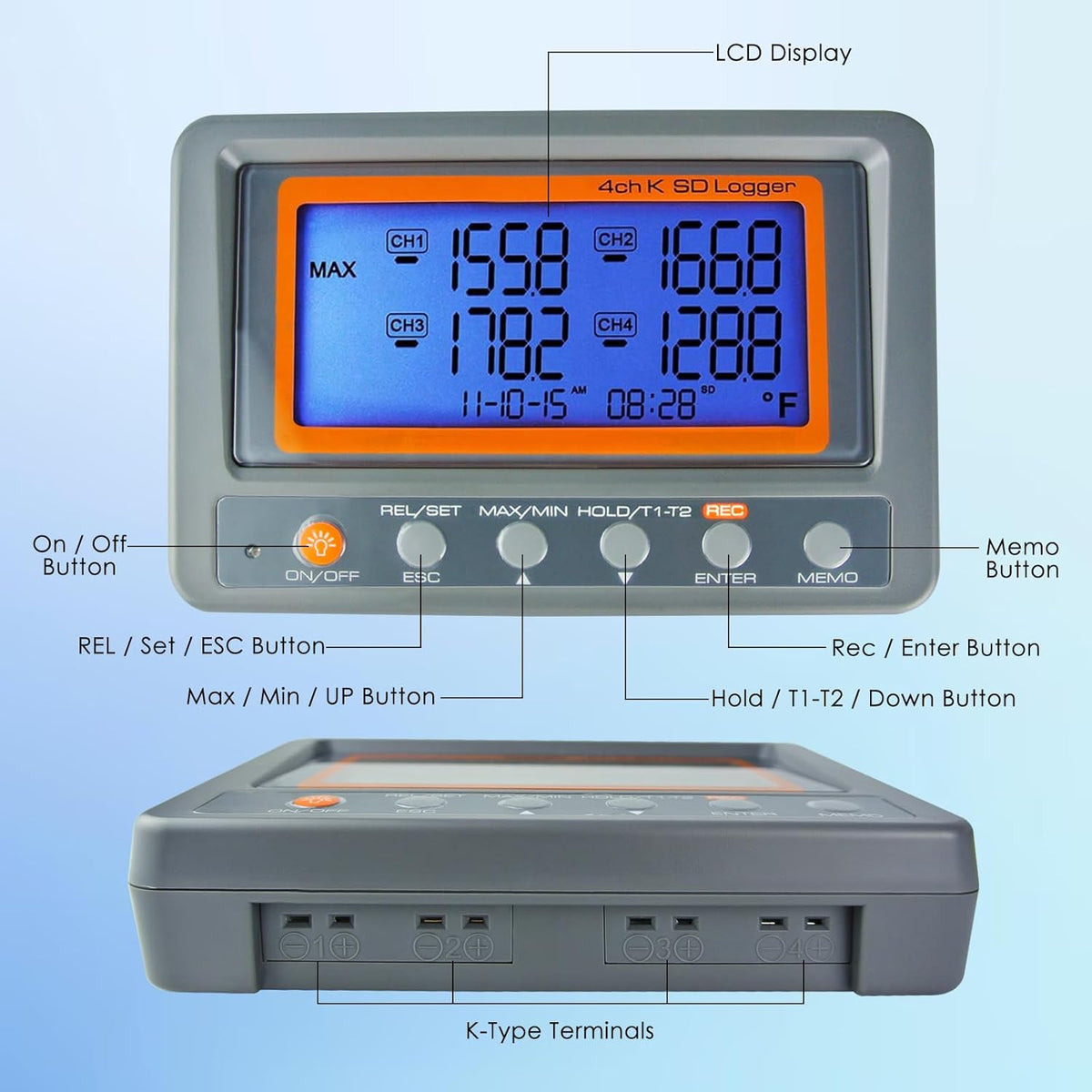 4 Kanaals K Type Thermometer Sd-kaart Datalogger Thermoelementtemperatuur Met Pieper En Led-alarm + 2 K Thermoelementsonde